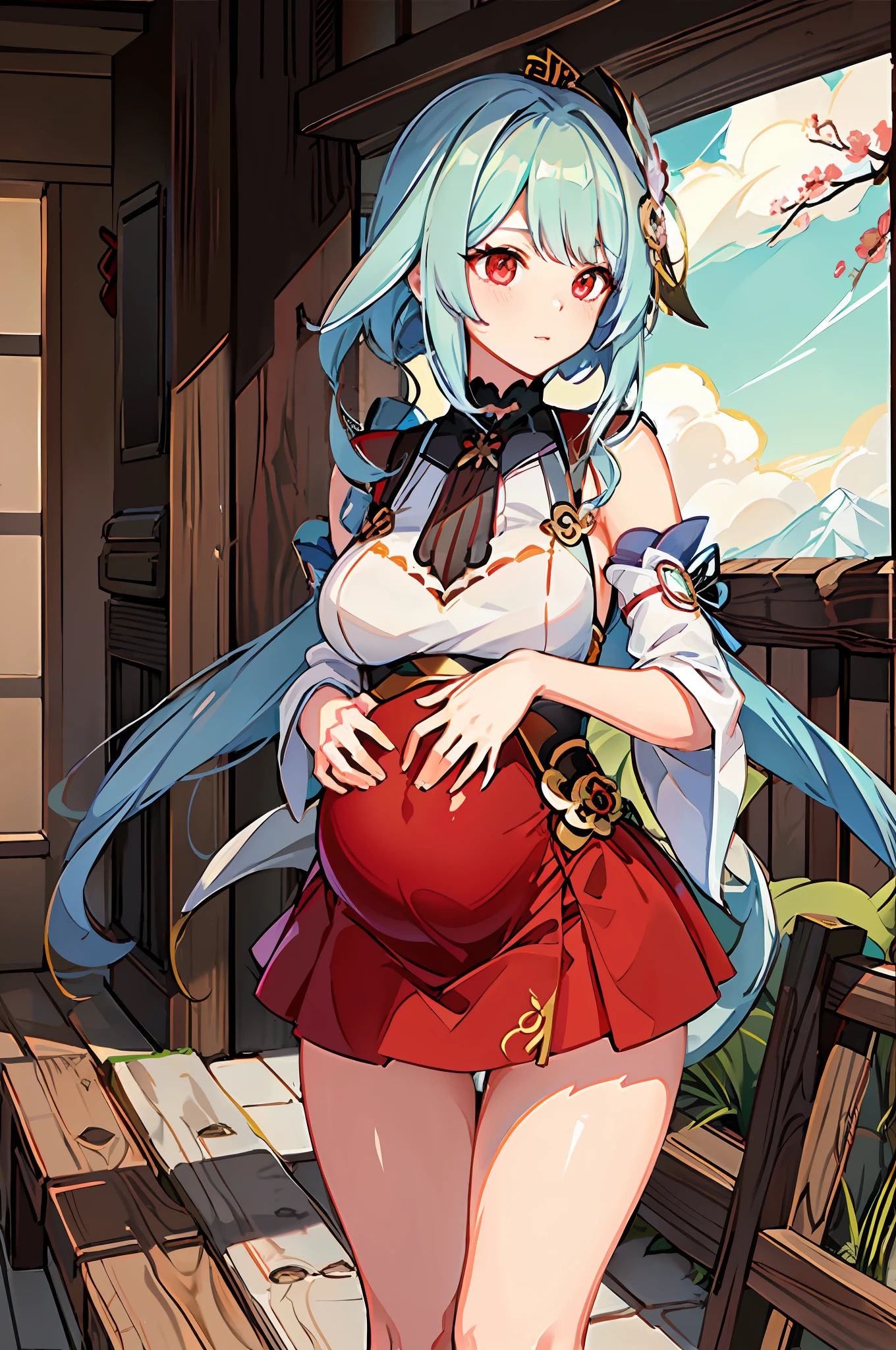 Medium view, Girl focus, A girl,full body shot of, From outside the camera, Red eyes, Engrave the picture section in detail, Delicate and beautiful face, Exotic, Mysterious Forest, High detail red eye, Wind, The wind blows hair, windward, High detail hair,vellus hair,  Epic, Masterpiece,Golden hair,(Short skirt: 1.5),（Smile）,(Best Illustration), (Best shadows), ,feet101, (standing: 1.5),Clean, Masterpiece, finedetail, Masterpiece, Ultra detailed, high resolution, (Original photo , Best quality), (Realistic, Photorealistic: 1.3)Pregnant belly,Big belly,pregnant,a navel,has cleavage,Blurry,Yao,Japanese clothes,Yae Miko,Kamiasto ayaka,shenhe \(Genshin Impact\),yoimiya \(Genshin Impact\),Mona_tpa,Yula (Genshin Impact),1girll,Hairband inline view, Girl focus, A girl,full body shot of, From outside the camera, Red eyes, Engrave the picture section in detail, Delicate and beautiful face, Exotic, Mysterious Forest, High detail red eye, Wind, The wind blows hair, windward, High detail hair,vellus hair,  Epic, Masterpiece,Golden hair,(Short skirt: 1.5),（Smile）,(Best Illustration), (Best shadows), ,feet101, (standing: 1.5),Clean, Masterpiece, finedetail, Masterpiece, Ultra detailed, high resolution, (Original photo , Best quality), (Realistic, Photorealistic: 1.3)Pregnant belly,Big belly,pregnant,a navel,has cleavage,Blurry,Yao,Japanese clothes,Yae Miko,Kamiasto ayaka,shenhe \(Genshin Impact\),yoimiya \(Genshin Impact\),Mona_tpa,Yula (Genshin Impact),1girll,shairband，Big belly pregnant belly