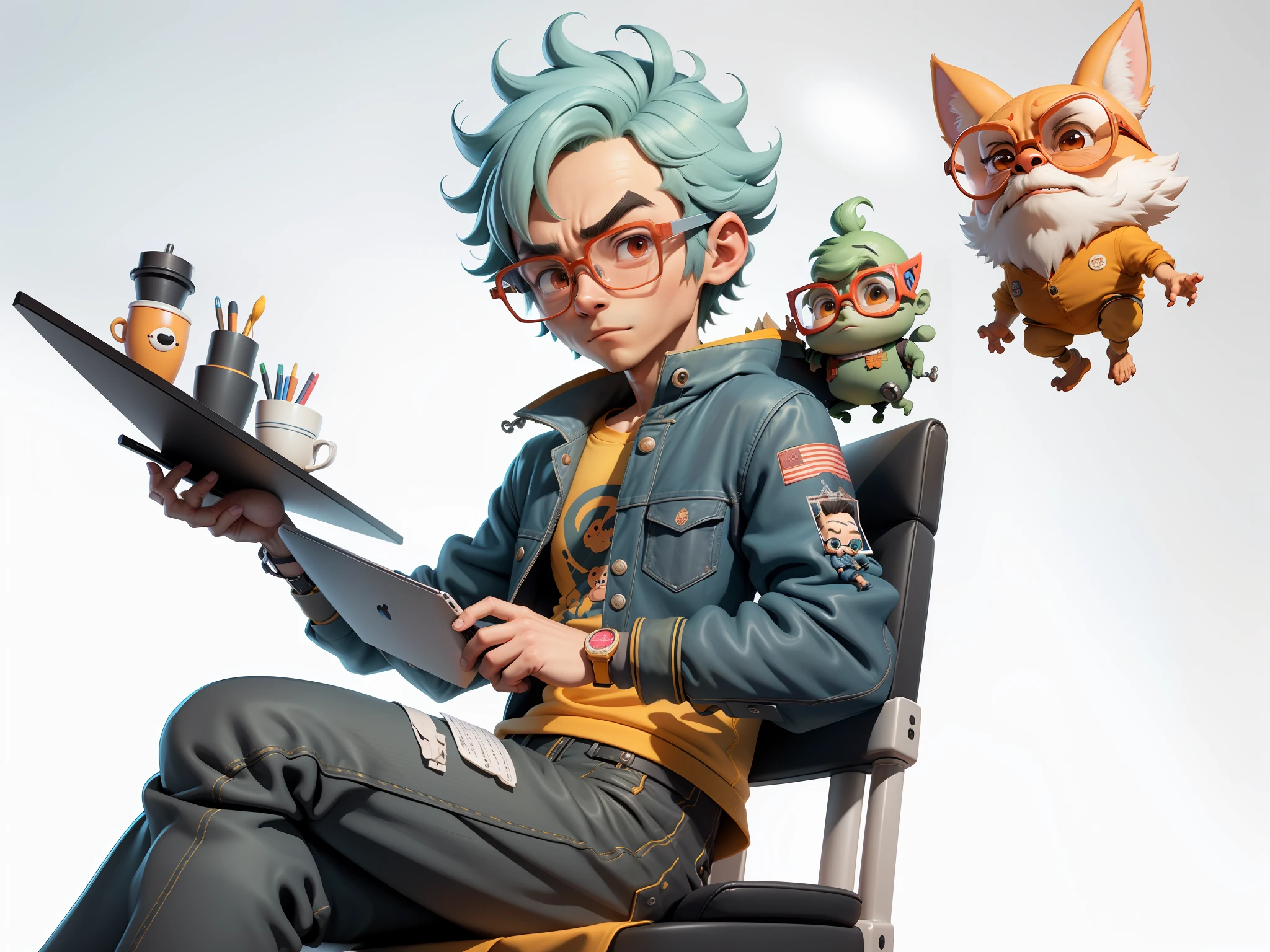 A young man with glasses sits at his desk,holding laptop,digitial painting,3D character design by Mark Clairen and Pixar and Hayao Miyazaki and Akira Toriyama,4K HD illustration,Very detailed facial features and cartoon-style visuals。