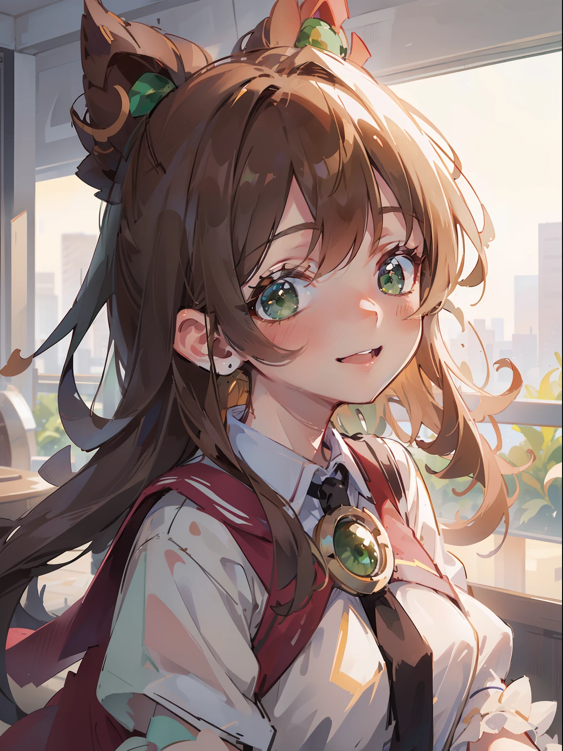 (masterpiece), best quality, beautiful detailed hair detailed face, ultra high res, sharp focus, ((1 woman, solo)), perfect feminine face, upper body, medium long shot, MLS, ((beautiful shape eyes, green eyes)), chesnut brown hair, long hair, smiles
