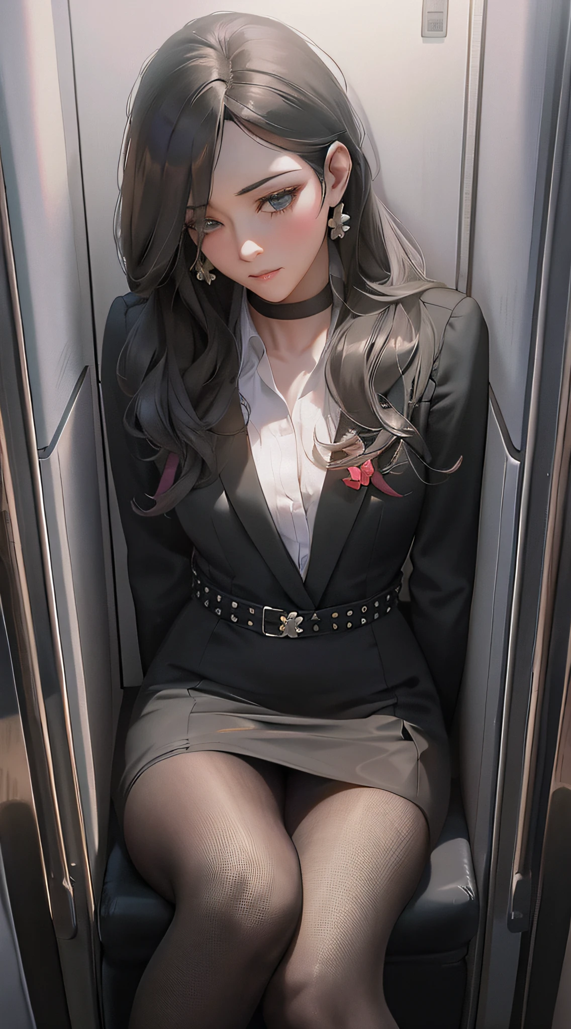 There was a woman sitting in the seat of the train,wearing black suits, Guviz-style artwork, Kawaii realistic portrait, Girl in suit, girl in a suit, Guviz, from girls frontline, Surrealism female students, Realistic schoolgirl, (sfv) safe to work, Anime girl wearing black dress, Surrealism female students