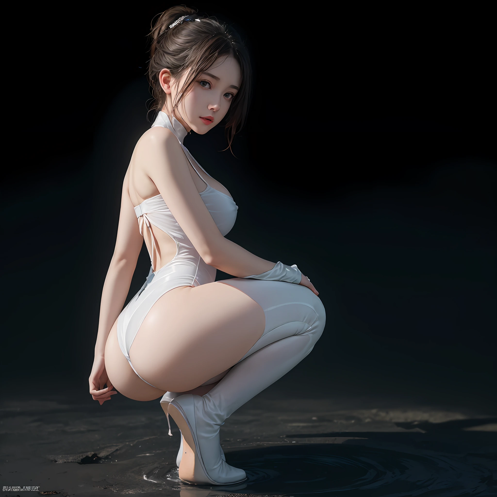 ((NSFWSTILLSHOW))、no extra arm:2、no extra hand:2、no extra leg:2、((solo 1girl))、{full length|Full height|all-fours|Half squatting|Flying|Jumpping|Ass focus、looking ahead}、{Wide Shot:1.5|Drone view|OverHeadShot|From below:1.5}、(wetted Porcelain skin、Wetted White skinny bodysuit)、Very thin and soft fabric、wetted face、{wetted hair|Floating hair|Shiny hair|Black hair|Blonde hair|Silver hair|Short Bob|Half Up|Curly hair}、Detailed Clear Nipples、detailed crotch、(The shape of the pubic area is Clearly Visible:1.2)、ass visible through thighs:1.3、Nipple shadow、(masterpiece, Best quality)、(Photorealsitic:1.37)、(BokeH)、smooth shading、({childish|Gigantic、cleavage})、((((detailed beautiful face))))、Darkbackground、neons、zydG、high collar、elbow_gloves、Google Earth、spaceships、Blue Earth、{fururistic|dreamlike|creative refinement|vivid illumination}、