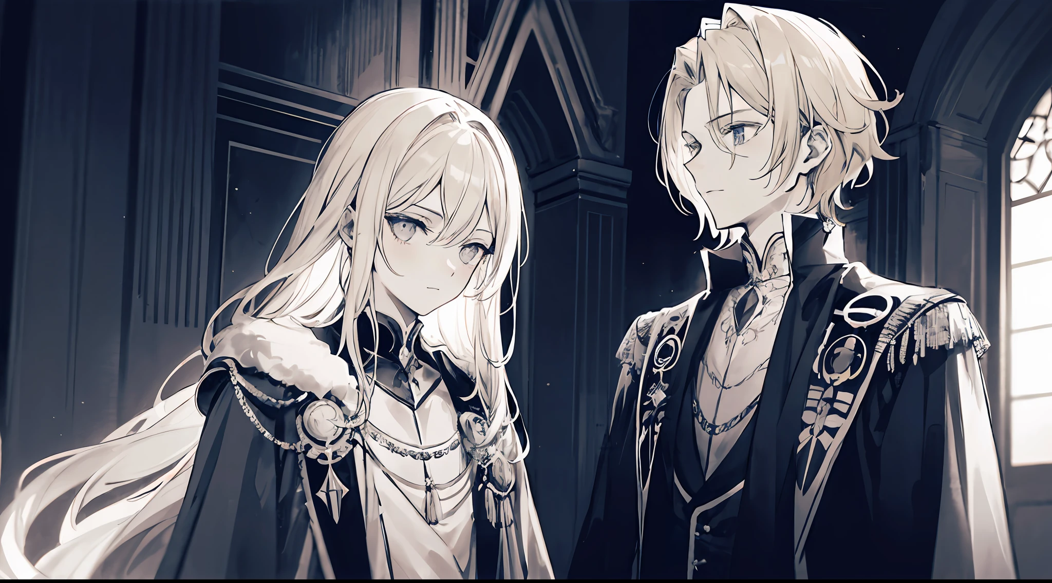 Inside the royal throne room, there was a man with long flowing blonde hair in a royal cloak, he was gazing up at the dark night sky ((monochromatic))