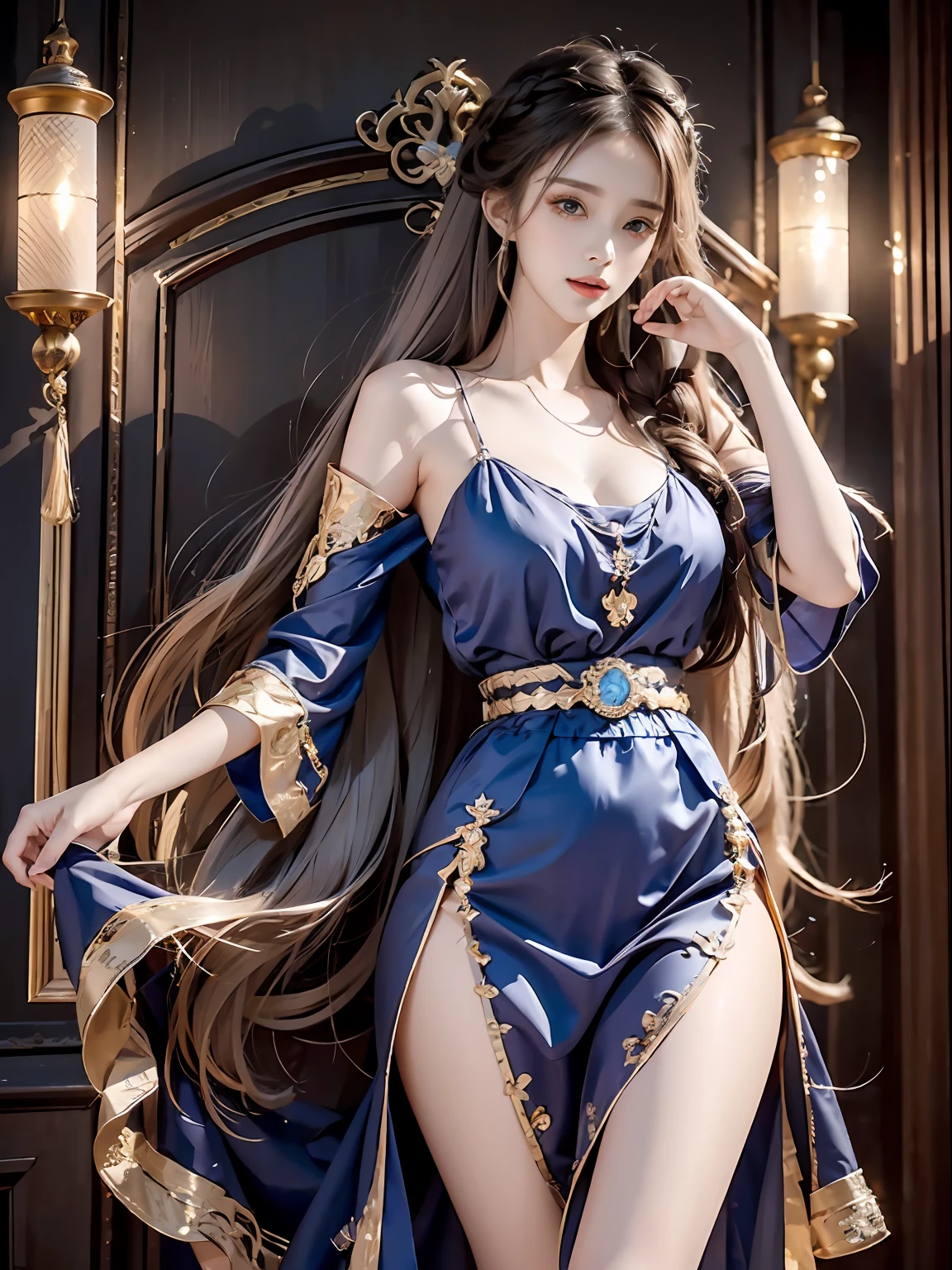 Best quality, best lighting, superb photo, best texture, silver blue flowing long hair, simple braided hair, sensual intellectual cool temperament beauty, red long dress, low-cut tucked outer skirt, ferret hair embellishment, gold exquisite belt, perfect body, pointed long and exquisite hair accessories, sense of atmosphere