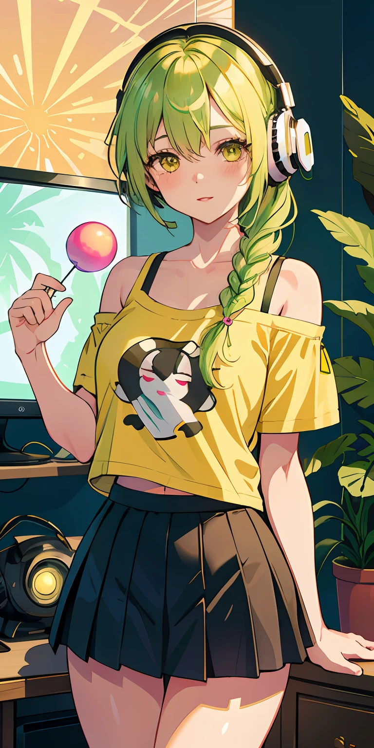 1girl, hair over one eye, parted lips, blush, makeup, light smile, green hair, braid hair, t-shirt, skirt, headphones, glow, thighs, yellow eye, bare shoulders, collarbone, narrow waist, bedroom, sunlight, pop, (masterpiece), underwear, potted plant, television, wallpaper, sunbeam,