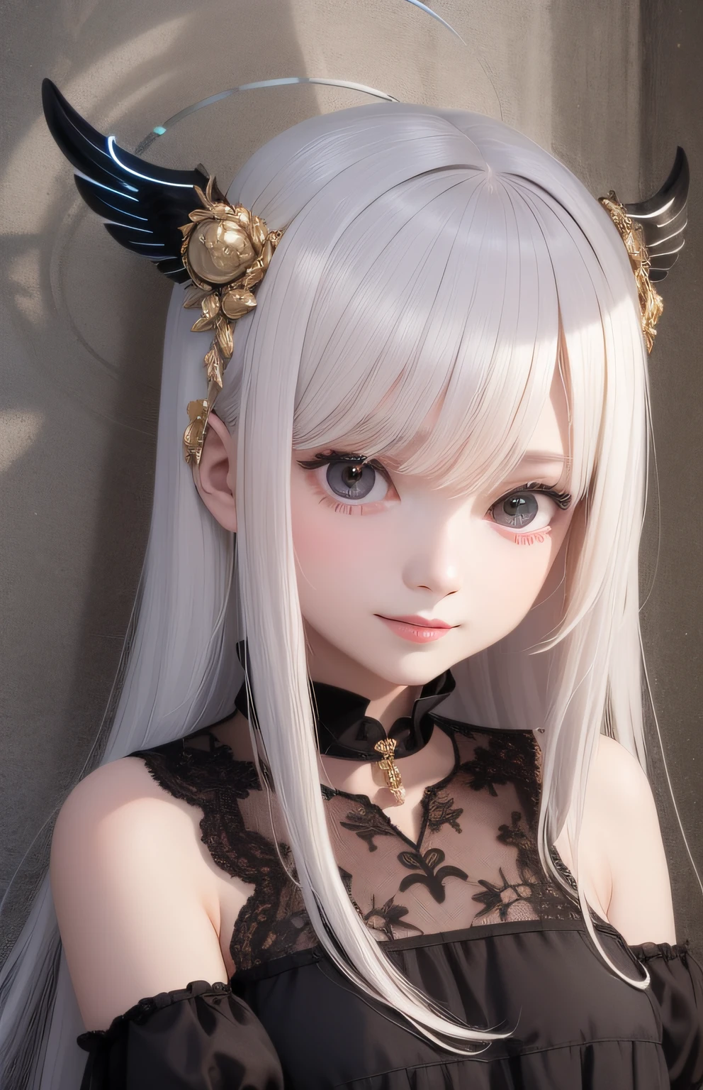 ​masterpiece, top-quality, 1girl in, pluma, angelicales, The halo, Pure white, Kindness, A smile, sanctuary,cabelos preto e longos、full bodyesbian