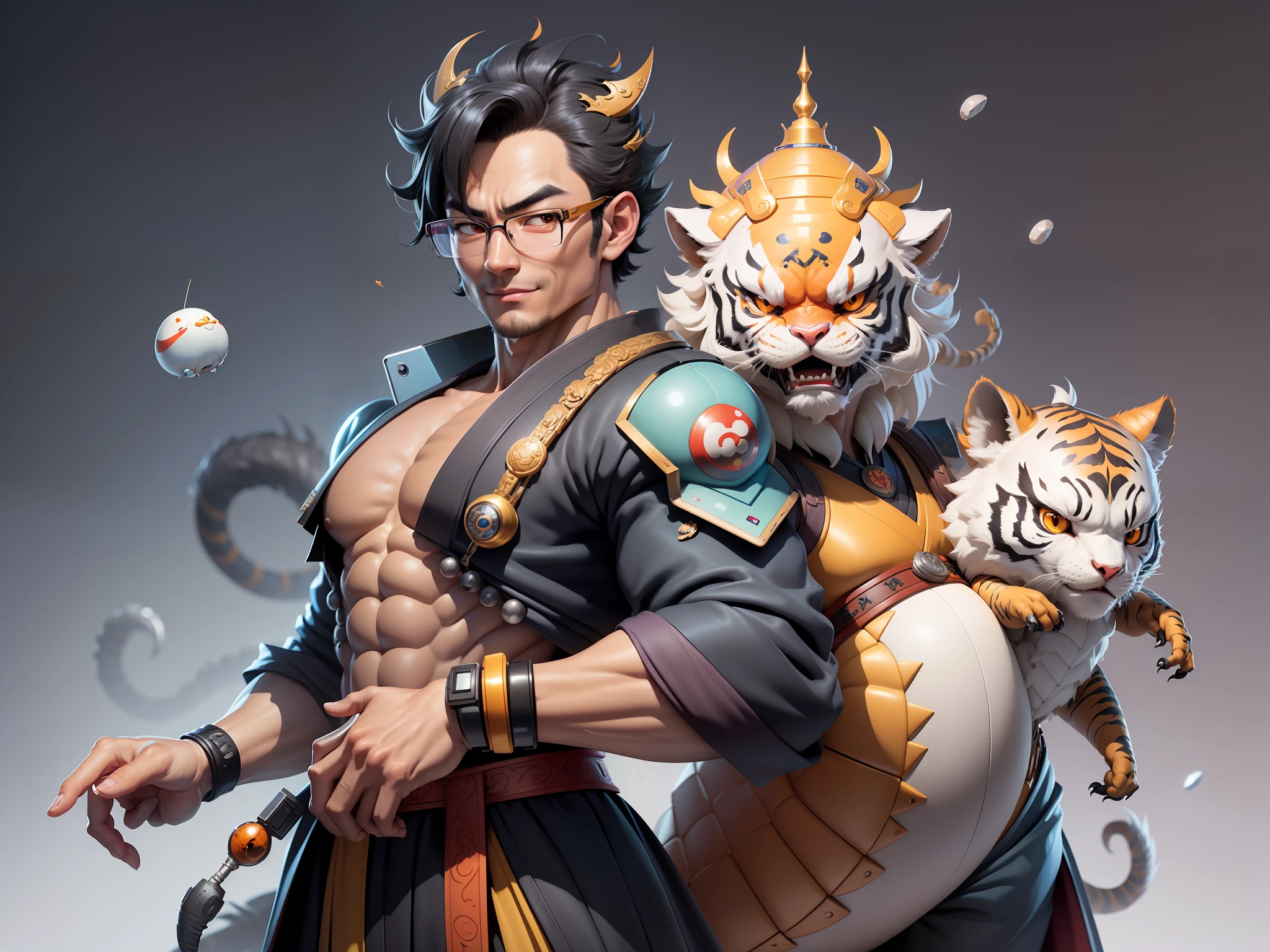 (Masterpiece), (Excellent), (Super Meticulous), (Full Body: 1.2), Super Young Man with Japanese Female Geisha, Pretty, Beautiful, Chinese Dragon, Tiger, Wind God Thor, Sexy, Bursting, Oriental Face, TV Anchor, Bust Portrait Illustration, Black Suit, Blue Tie, Slightly Chubby Face, Silver Glasses, Very Clean Face, No Beard on Chin, Black Super Short Hair, Black Eyes, Confident Smile, 3c Computer Sub-Products, iPad, iPhone, Digital Painting, 3D character design by Mark Clairedon and Pixar and Hayao Miyazaki and Akira Toriyama, the illustrations are HD illustrations in 4K resolution with highly detailed facial features and cartoon-style visuals.