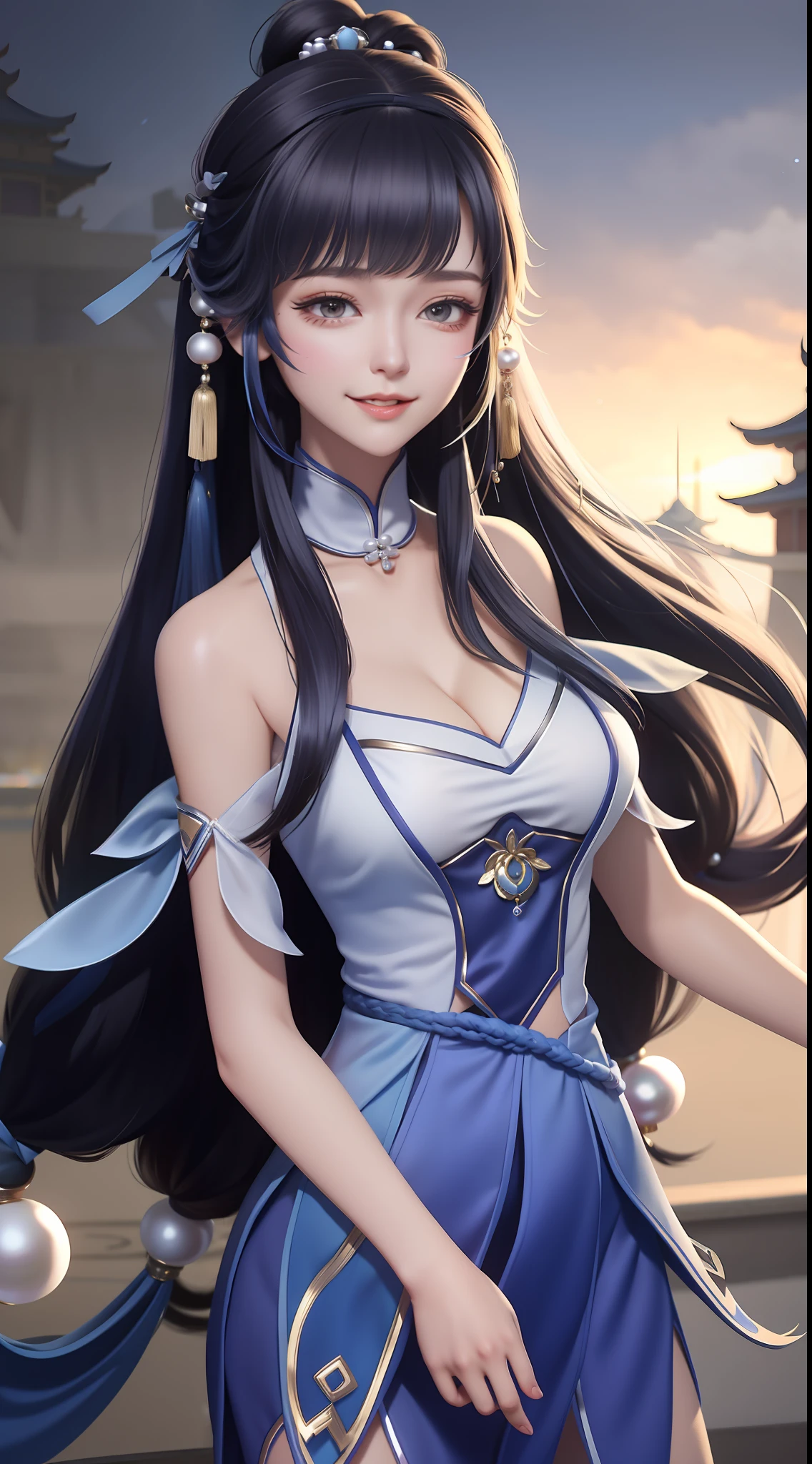 1girll, Mature female, Night, Cityscape, view the viewer, Long hair, hair adornments, Bare shoulders, low tied hair, Chinese clothes,Blue skirt,clothing cutout,Trim,Rope straps, multicolored clothing, nipple tassels, Hair Bow,Hair ribbon,mitts, Pearl bow hair ornament,Collar, cleavage，Off-the-shoulder attire