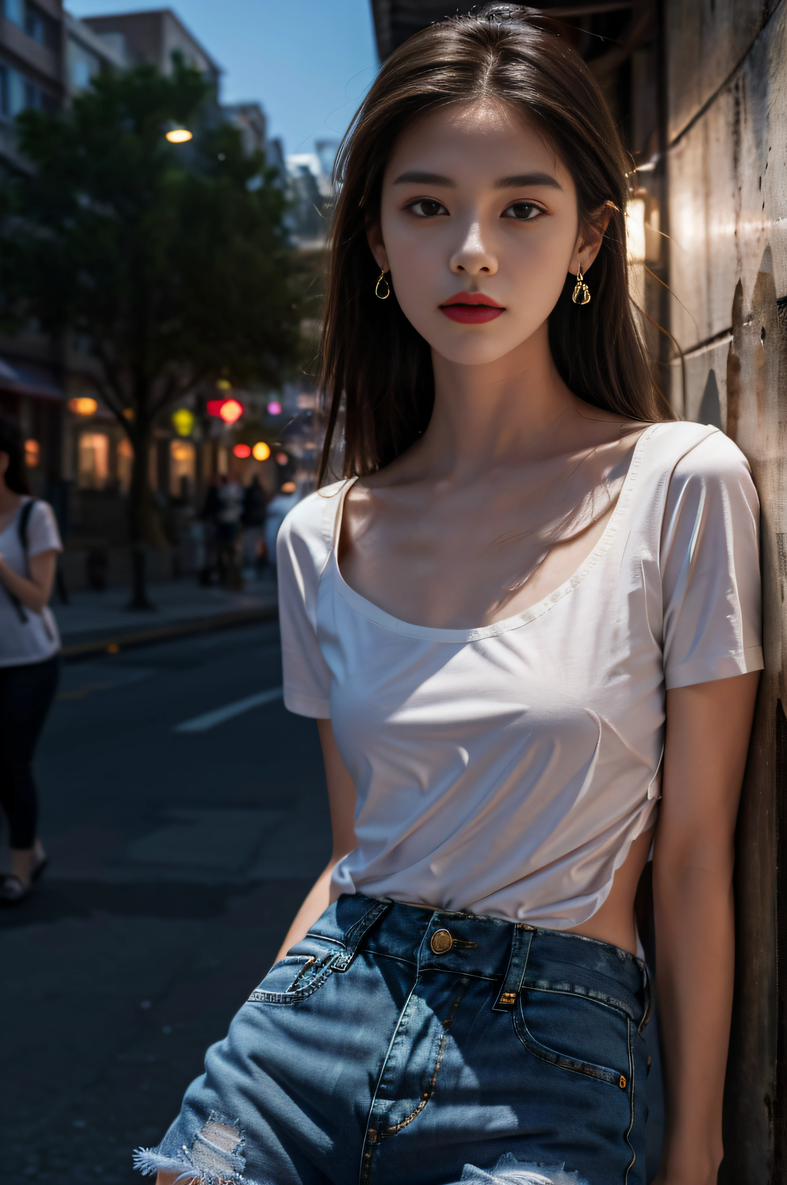 Best quality, masterpiece, super high resolution, (realistic: 1.4), original photo, (evening street), two people, 1 girl, dark eyes, looking at the audience, long hair, light makeup, lips, small ears, white t-shirt, denim shorts, earrings, slim, 1 50 years old middle-aged woman, at a distance