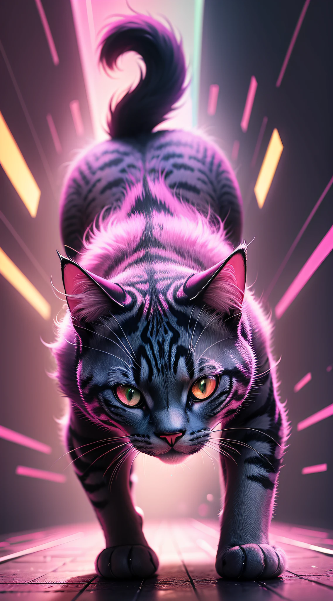 cat, psychedelic, strong colors, pink light, crazy design, futuristic, running,