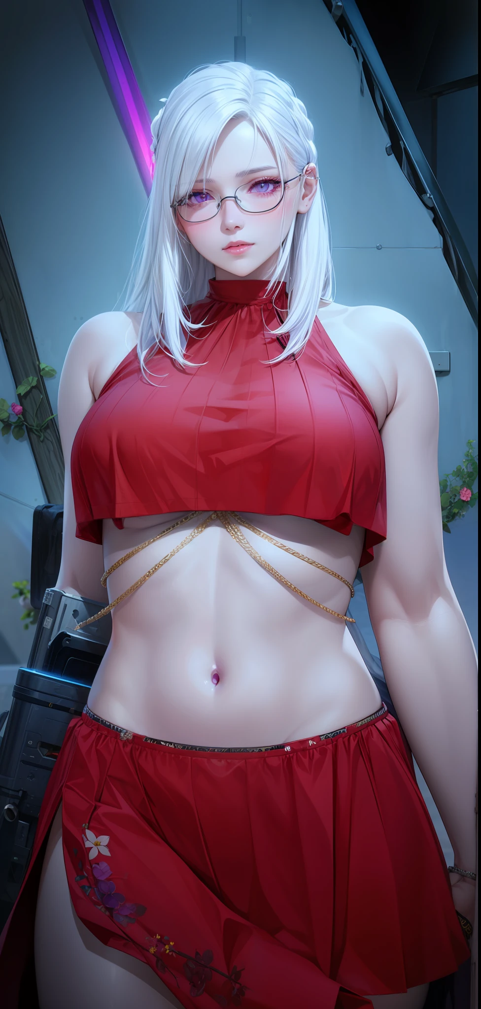 realistic, 1girl, white hair, purple eyes, glowing eyes, crop top, skirt, parted lips, blush, night, flowers, sun, sunlight,