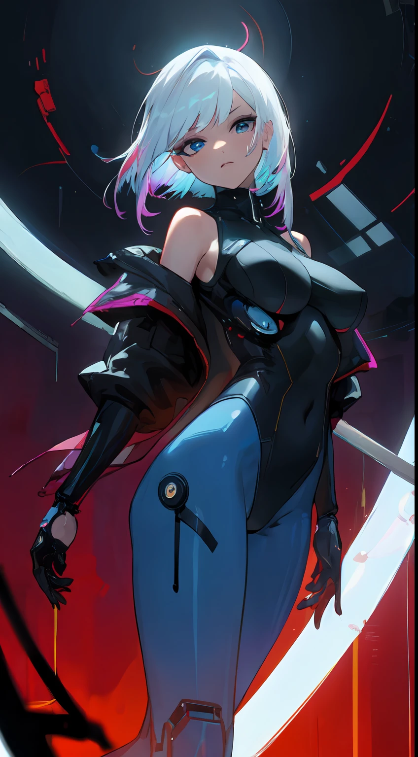 blacklight, lucy \(cyberpunk\), 1girl, bangs, bare shoulders, blue eyes, bodysuit, breasts, cyberpunk, cyborg, expressionless, jacket, leotard, looking at viewer, makeup, ((big breasts)), monowire, multicolored hair, off shoulder, on moon, open clothes, open jacket, parted bangs, planet, red eyeliner, science fiction, short hair, solo, thread, white hair,white hair, long hair, blue bodysuit, simple background, best light, best shadow, best quality, masterpiece