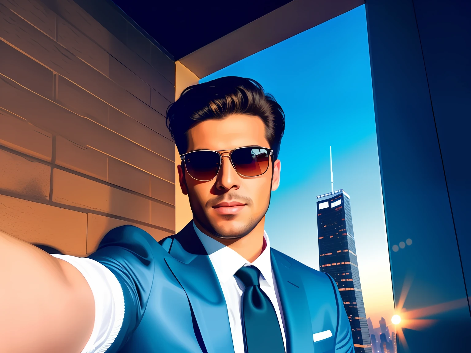 Convert this image to taking a night selfie from the future city , alter the background completely with future city reference , handsomely face , reliastic face with classic sunglasses, portrait profile picture ,