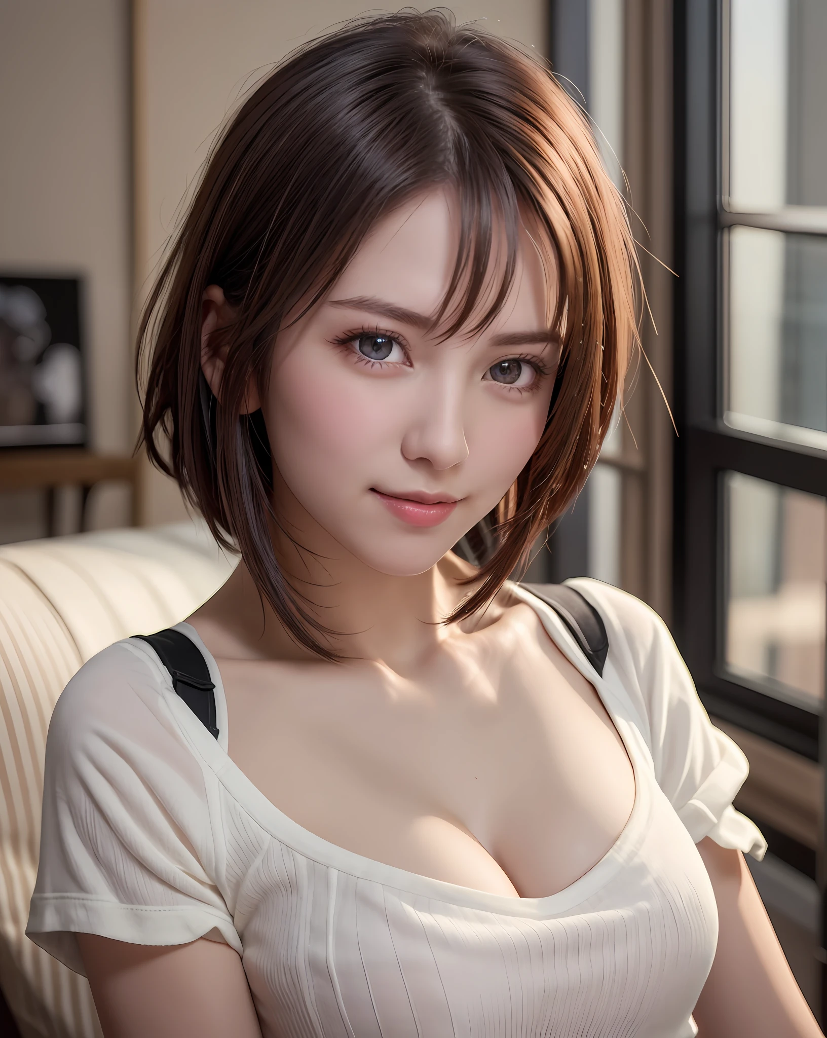 Best Quality, Ultra High Resolution, (Photorealistic: 1.4), Beautiful Eyes, Super Beautiful, Very Short Hair, Beautiful, Sweetheart, T-shirt with Rough Chest, Beautiful Soldier, Eyes That Invite Viewer, Lover's Perspective, Inviting Expression, Sexy Smile, Perfect Style, Perfect Balance, Detailed Skin, Naughty Gaze, Chest Visible