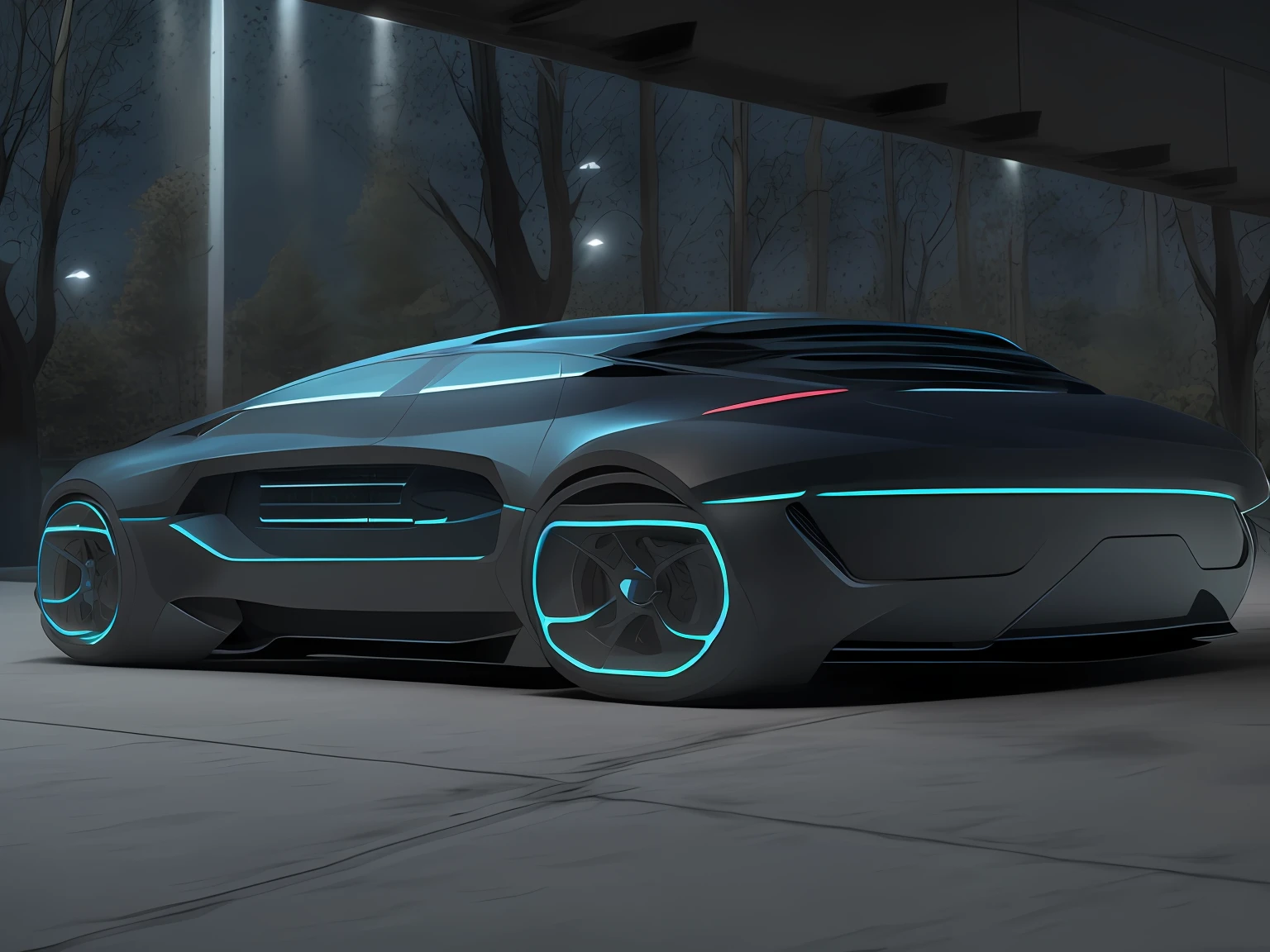 sci-fi car（With luminous tires）of 3/4 front view of a，at the parking lot，Parameter settings，Conceptual sense，Streamlined，Extended version，Mattire，