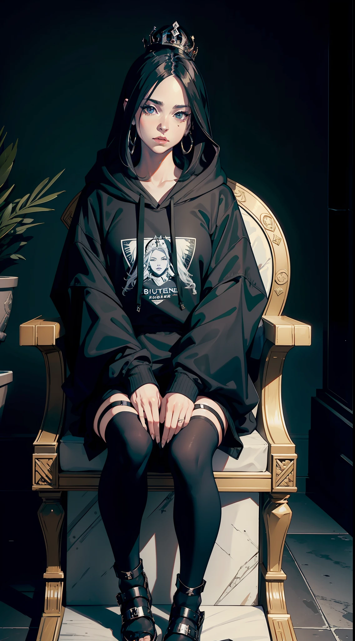 The Queen is wearing a black Balenciaga hoodie sitting on a throne, outfit models, balenciaga, thrones, nijijourney, 8k, realistic