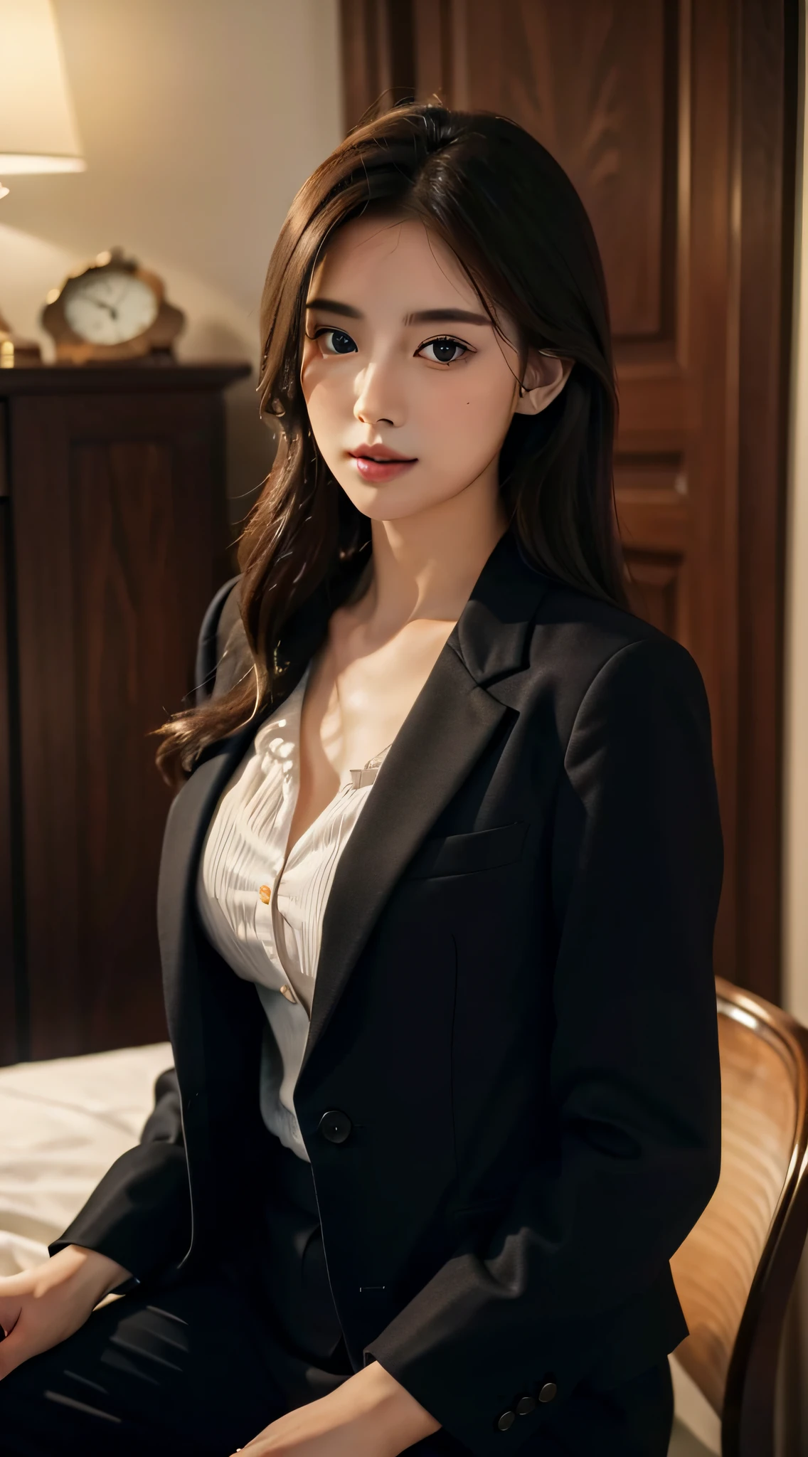((Best quality, 8K, Masterpiece: 1.3))， Extremely delicate beauty, Extremely detailed， 1girll， Like a real person，Royal sister style， Business suit