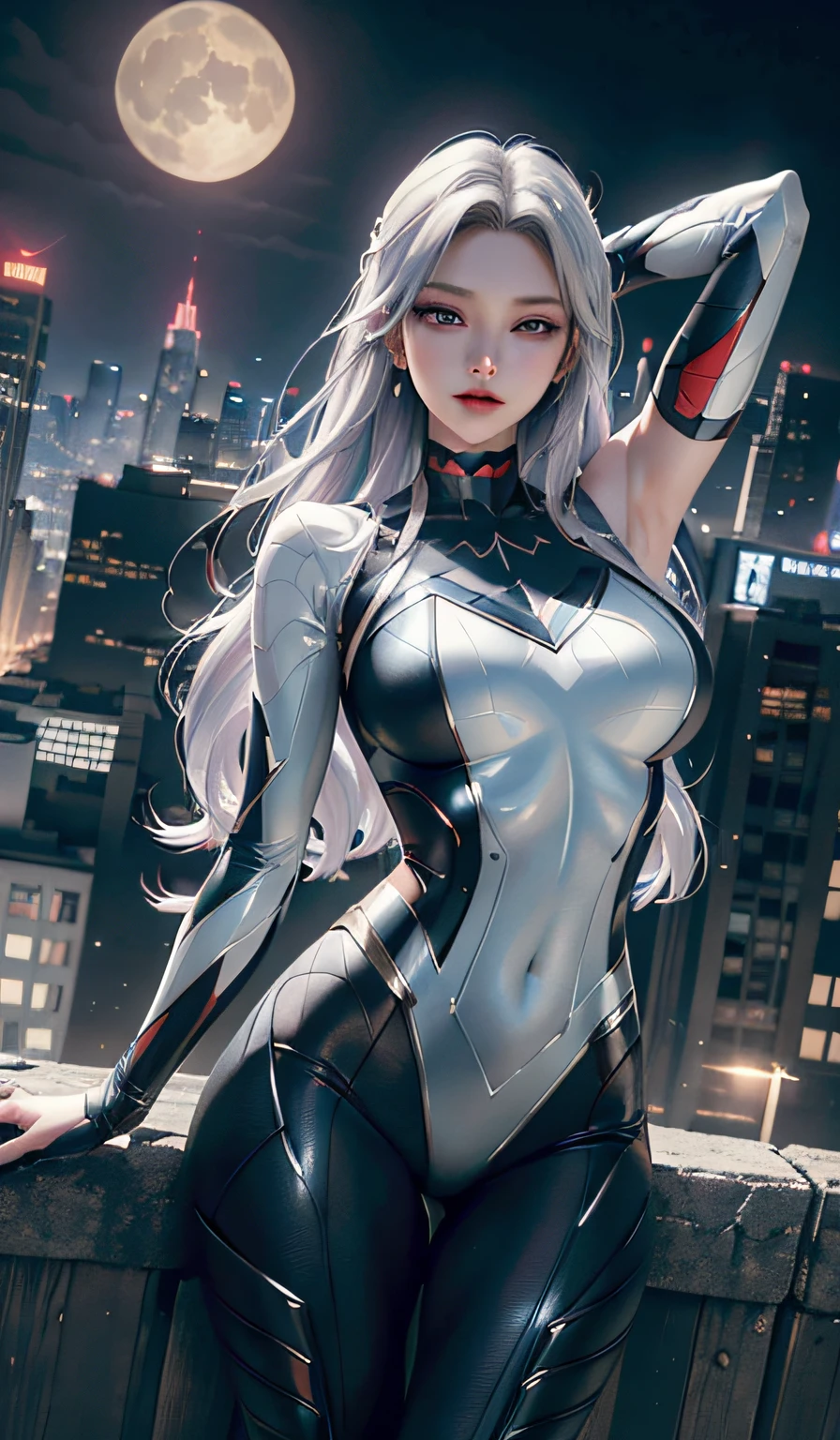 （tmasterpiece，4K分辨率，Ultra photo realsisim，The is very detailed），（White superhero theme，Glamorous，there's a girl on top of town，wearing Spider-Man costume，she is a superhero），[（（18yr old），（Long gray hair：1.2），full bodyesbian，（eBlue eyes：1.2），（（Spider-Man pose），（（sandy urban environment）：0.8）dynamicposes，（view over city，the night，dynamic lights），（moon full））] # illustrated：The Prompt mainly describes a 4K painting of ultra-high definition，Very realistic，The is very detailed。It showcases superheroines at the top of the city，wearing Spider-Man costume。The subject in the painting is a white superhero theme，The heroine has long white hair，The entire figure is shown in the painting，head to toe，In terms of depicting the actions of superheroines，five finger，Fine hands