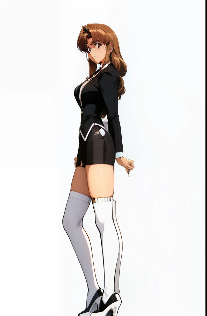 RETRO ARTSTYLE, 1990S (STYLE), ((Masterpiece, highres)), 1girl, solo, teenager, ((brown hair)), long hair, curly hair, confident, elegant, hazel eyes, happy, (((black blazer, black pencil skirt, white thighhighs, thighhigh socks, black high heels))), standing at attention, large breasts, full body, detailed body, detailed face