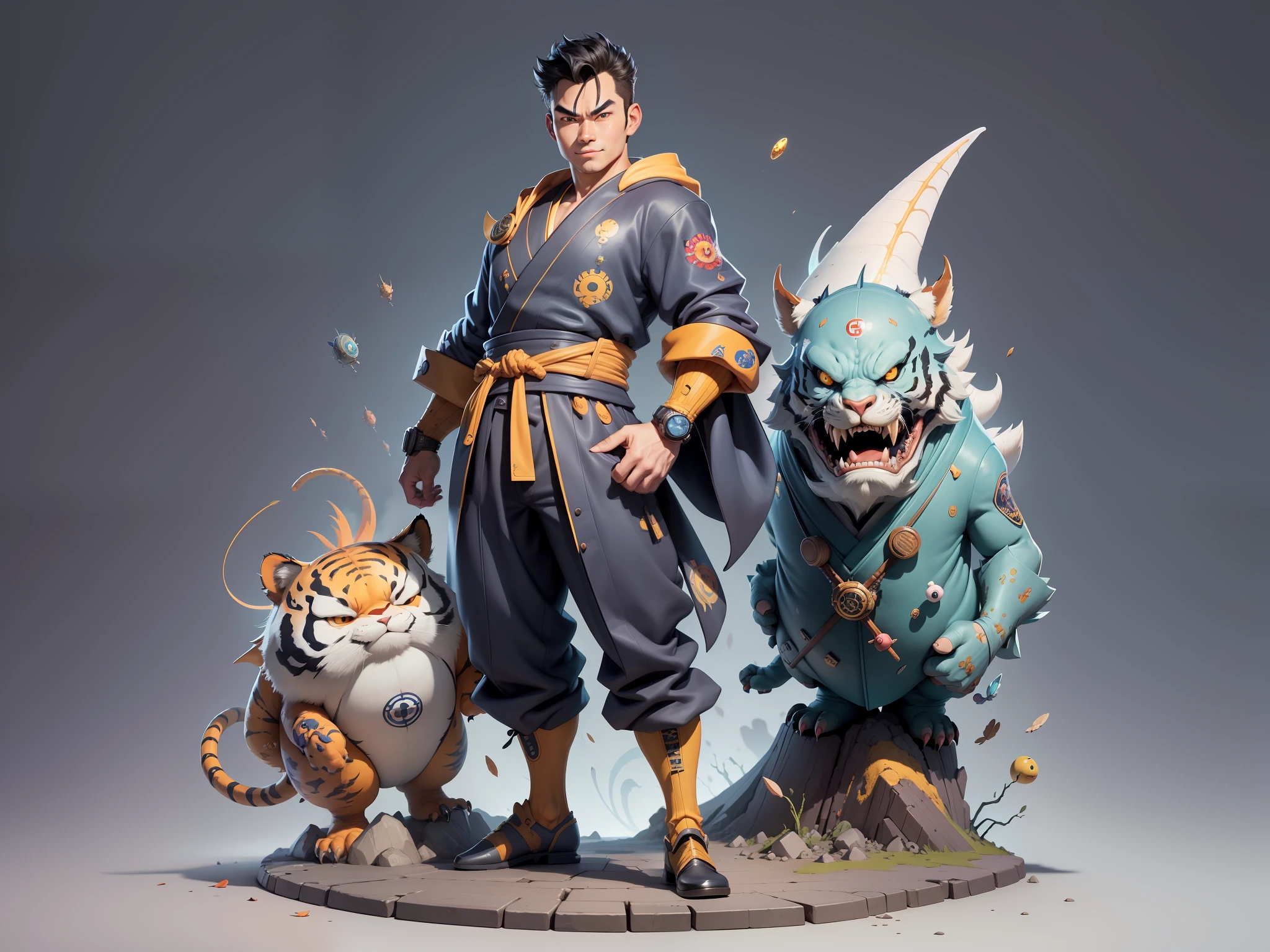 (Masterpiece), (Excellent), (Super Meticulous), (Full Body: 1.2), Super Young Man, Oriental Face, Japanese Kimono, Japanese Wind Thunder God, Dragon, Tiger, TV Anchor, Bust Portrait Illustration, Alone, Black Suit, Blue Tie, Slightly Chubby Face, Very Clean Face, No Beard, Black Super Short Hair, Black Eyes, Confident Smile, 3c Computer Sub-Products, iPad, iPhone, Digital Painting, 3D Character Design by Akira Toriyama and Mark Claireden and Pixar and Hayao Miyazaki, The illustration is a high-definition illustration in 4K resolution with very detailed facial features and cartoon-style visuals.