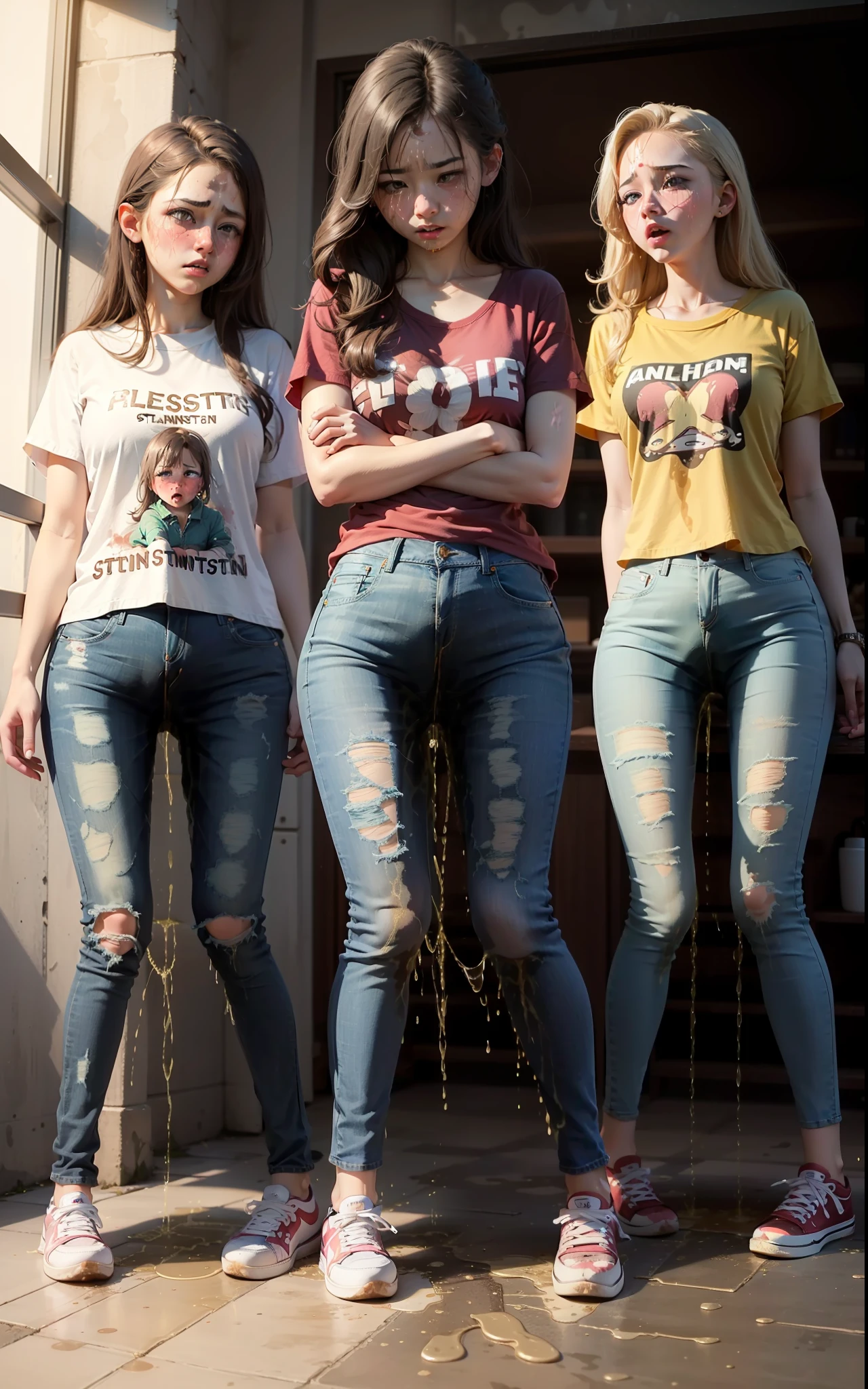 masterpiece, best quality, high resolution, (3girls), 20 years old, (blue jeans pants), full body, blush, worried, park, (((((((pee stain)))))))