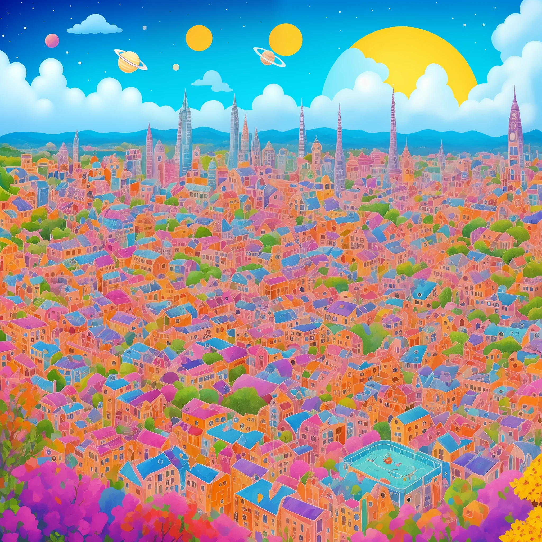 A space city with happy colors and cute creatures