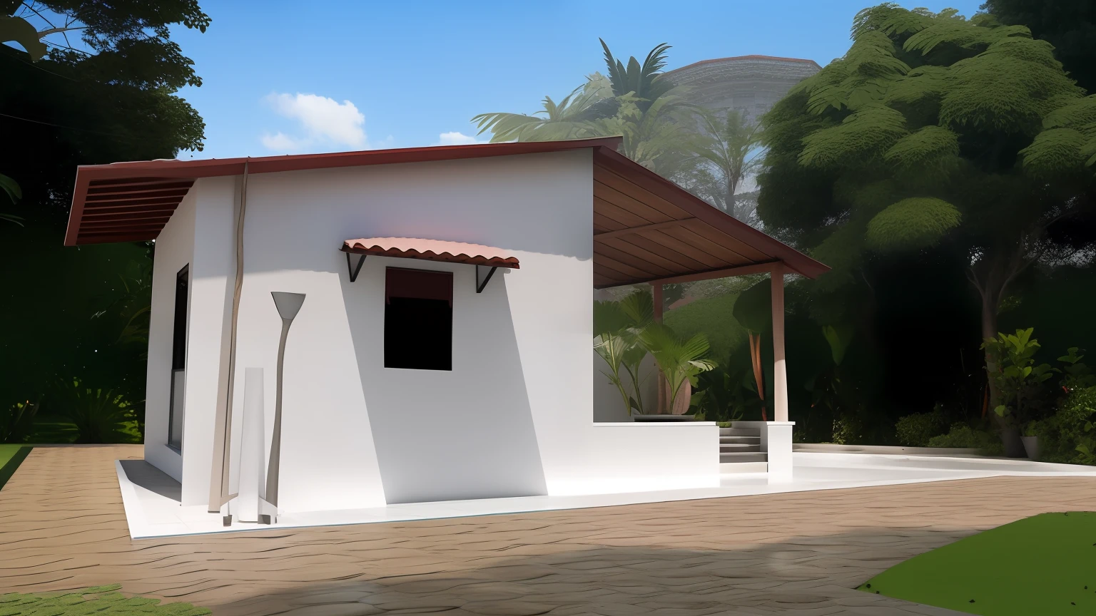 There is a small white building with a red roof and a wooden roof, Vista frontal, Frente, vista externa, vista frontal, vista exterior, vista lateral frontal, imagem central, Front view, imagem frontal, Lumion Pro rendering, Directed by: Willian Murai, casa completa, visto de fora, vista de lado, Frontal, Directed by: CeFerí Olivé, Vista frontal
