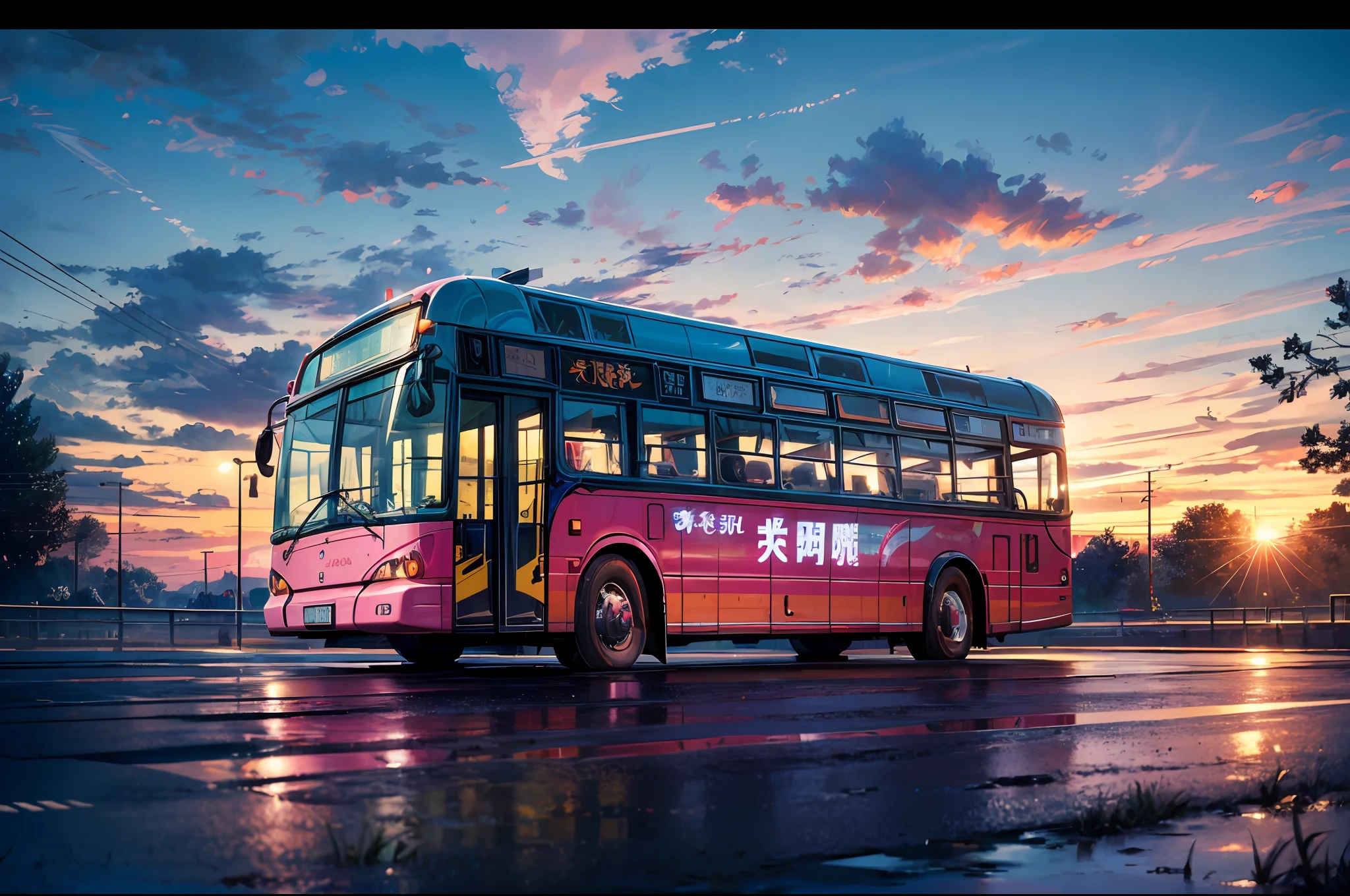 ((A scene of a bus journeying to the west)) ,As the bus moves forward, (the windshield reflects a vibrant pink hue),( with the pink light bouncing off the metal surfaces) BREAK ,(the pink hue gently grazes the dented flank of a worn-out blue enamel),( leaving a subtle mark), vivid color, BREAK masterpiece, masterwork, meticulous, intimate, nuanced, highest quality, highest fidelity, highest resolution, highres, highest detail, hyper-detailed, detail enhancement