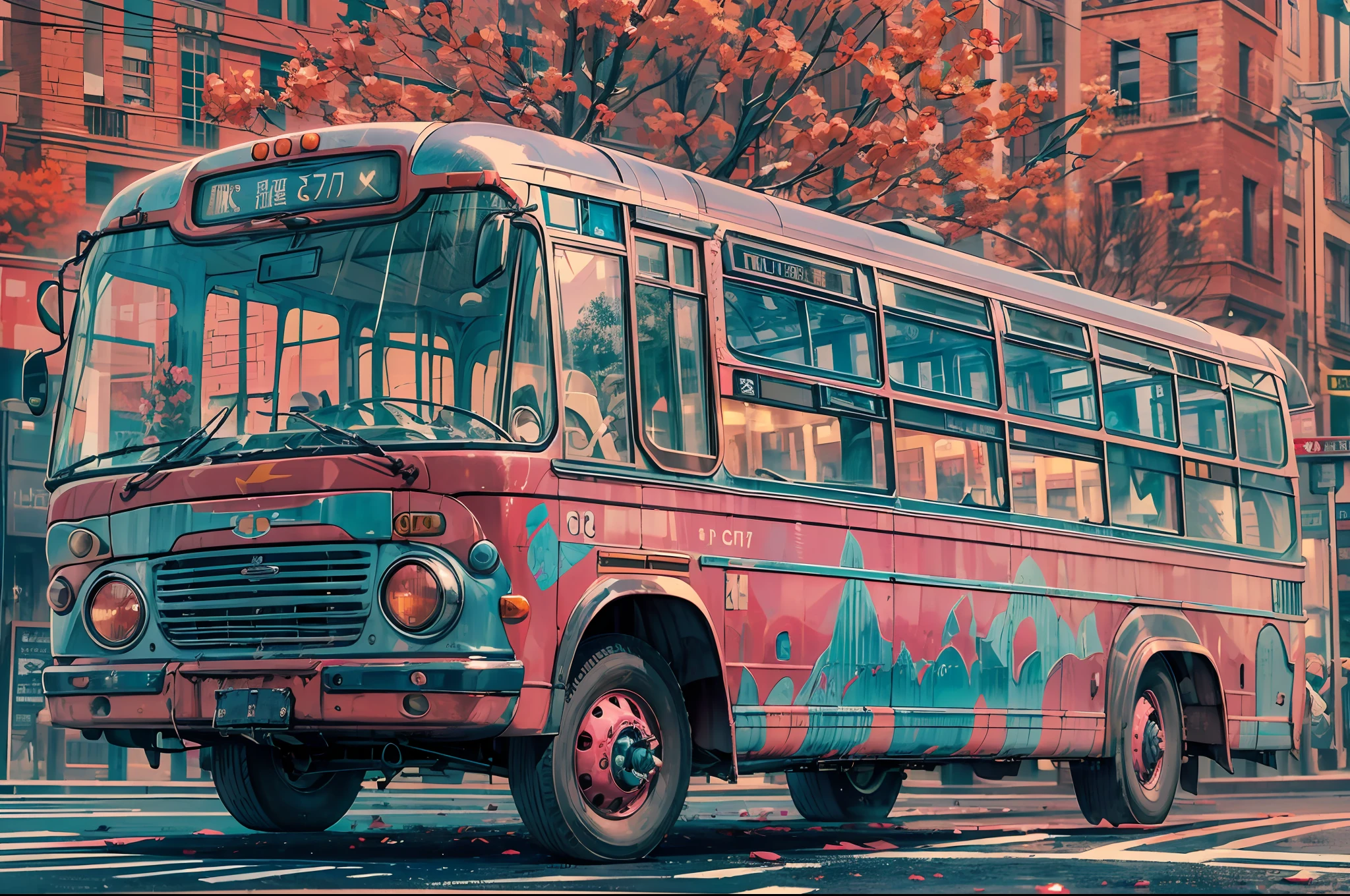 ((A scene of a bus journeying to the west)) ,As the bus moves forward, (the windshield reflects a vibrant pink hue),( with the pink light bouncing off the metal surfaces) ,(the pink hue gently grazes the dented flank of a worn-out blue enamel),( leaving a subtle mark), vivid color, masterpiece, masterwork, meticulous, intimate, nuanced, highest quality, highest fidelity, highest resolution, highres, highest detail, hyper-detailed, detail enhancement