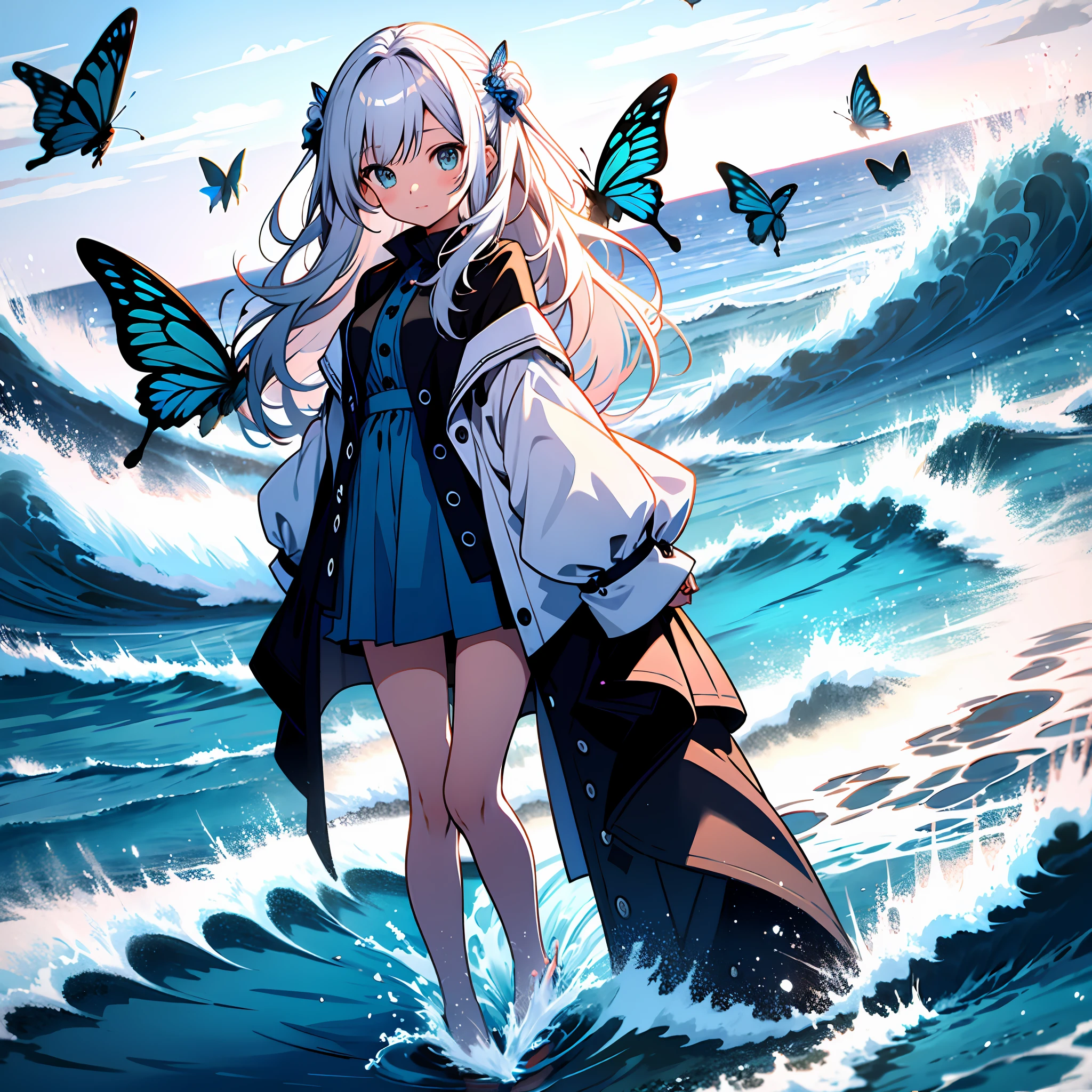 [(white background:1.5),::5] (isometric:1.0), 1girl, mid shot, full body, ocean, sea waves, water splashes, sky, light particles, butterflies, night, starry sky