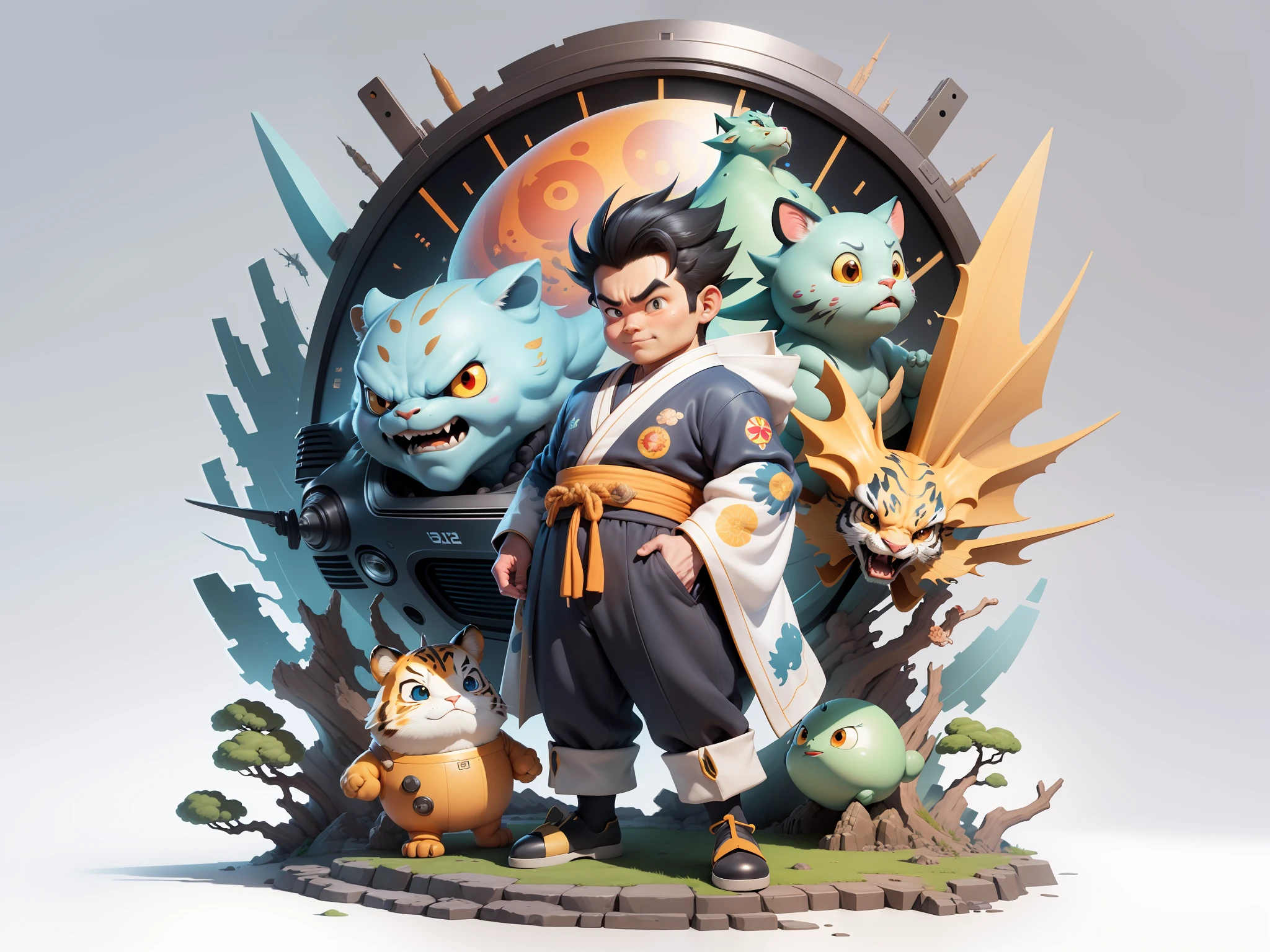 (Masterpiece), (Excellent), (Super Meticulous), (Full Body: 1.2), Super Young Man, Oriental Face, Japanese Kimono, Japanese Wind Thunder God, Dragon, Tiger, TV Anchor, Bust Portrait Illustration, Alone, Black Suit, Blue Tie, Slightly Chubby Face, Very Clean Face, No Beard, Black Super Short Hair, Black Eyes, Confident Smile, 3c Computer Sub-Products, iPad, iPhone, Digital Painting, 3D Character Design by Akira Toriyama and Mark Claireden and Pixar and Hayao Miyazaki, The illustration is a high-definition illustration in 4K resolution with very detailed facial features and cartoon-style visuals.