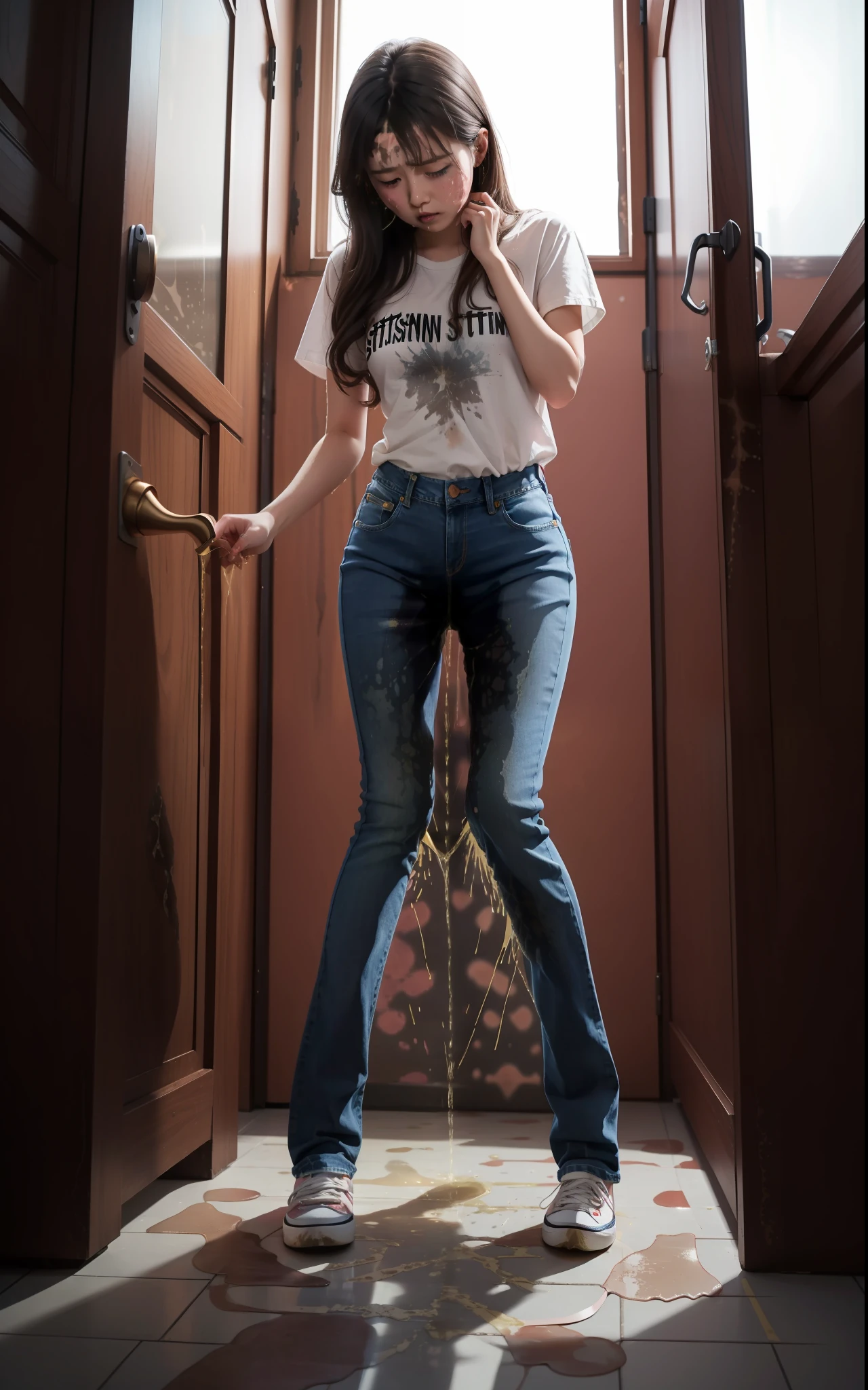 masterpiece, best quality, high resolution, (3girls), 20 years old, (blue jeans pants), full body, blush, worried, park, (((((((pee stain)))))))