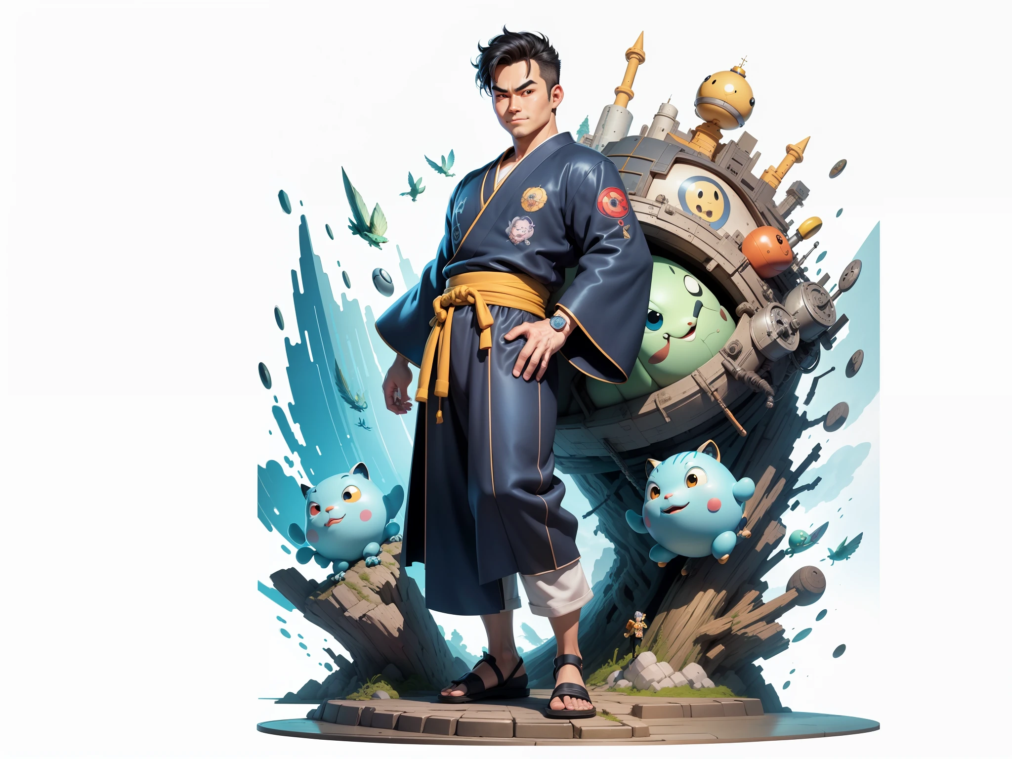 (Masterpiece), (Excellent), (Super Meticulous), (Full Body: 1.2), Super Young Man, Oriental Face, Japanese Kimono, Japanese Wind Thunder God, Dragon, Tiger, TV Anchor, Bust Portrait Illustration, Alone, Black Suit, Blue Tie, Slightly Chubby Face, Very Clean Face, No Beard, Black Super Short Hair, Black Eyes, Confident Smile, 3c Computer Sub-Products, iPad, iPhone, Digital Painting, 3D Character Design by Akira Toriyama and Mark Claireden and Pixar and Hayao Miyazaki, The illustration is a high-definition illustration in 4K resolution with very detailed facial features and cartoon-style visuals.