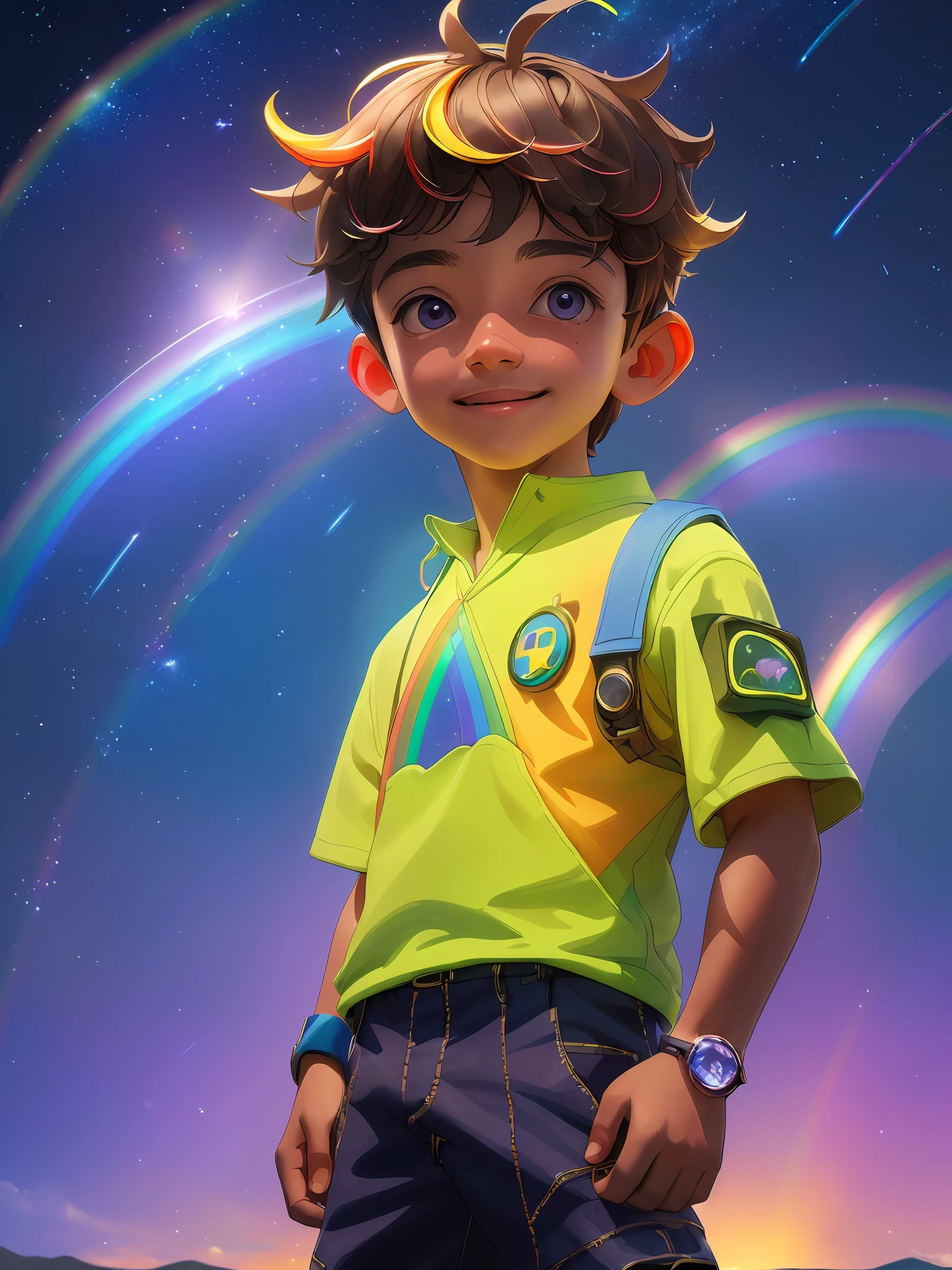 (((Rainbow Daytime Sky))), 10-year-old boy with a happy face, looking towards the future, masterpiece, highest quality, ((Photorealistic: 1.4)) Masterpiece, illustration, very delicate and beautiful, highly detailed CG, 8k wallpaper, amazing, fine detail, highly detailed CG Unity 8k wallpaper, huge file size, super detail, ultra high resolution, high resolution, very detail, ((Very detailed eyes and face)), beautifully detailed eyes, very detailed face, perfect lighting, face light, natural colors, ((10-year-old boy)), departure, (rough style with the whole body including both legs)), the future is bright, (((Rainbow daytime sky))), lights from the front, glowing eyes.