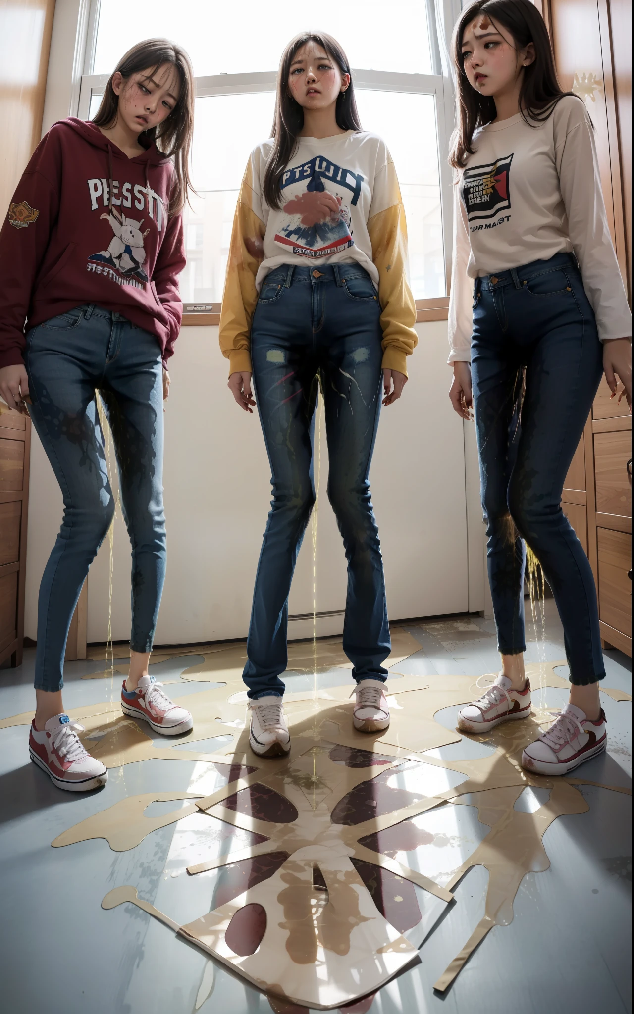 masterpiece, best quality, high resolution, (3girls), 20 years old, (blue jeans pants), full body, blush, worried, park, (((((((pee stain)))))))