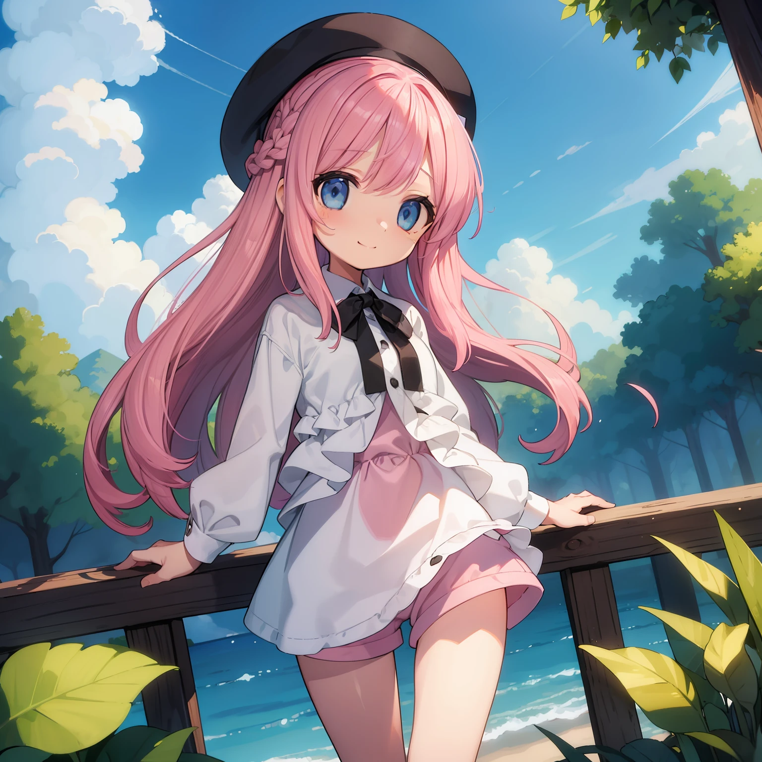 Beautiful illustration, Best Quality, (12-year-old girl)、cute petit girl,Lori、(Chino shorts layered in a tunic)、Tunic is white、Chino shorts are pink、Thighs visible through the gap in shorts、Thigh gap、 Beautiful blue eyes, Cinematic lighting,A slight smil,(Long pink hair)、Braiding of the occipital part、Occipital１2 large black ribbons