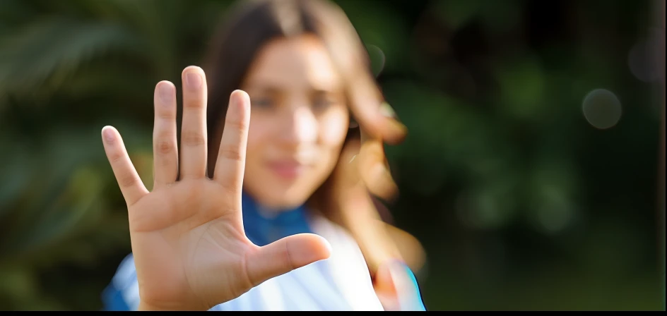 Woman with her hand out in front of her, wave a hand at the camera, hand gesture, hand instead of a face, hands not visible, hands reaching for her, womans hand, Acenando, hand open, a hand, bump in form of hand, sem arredores, open palm, Gesto, closeup estilo gesto pesado, raised hand, meia imagem