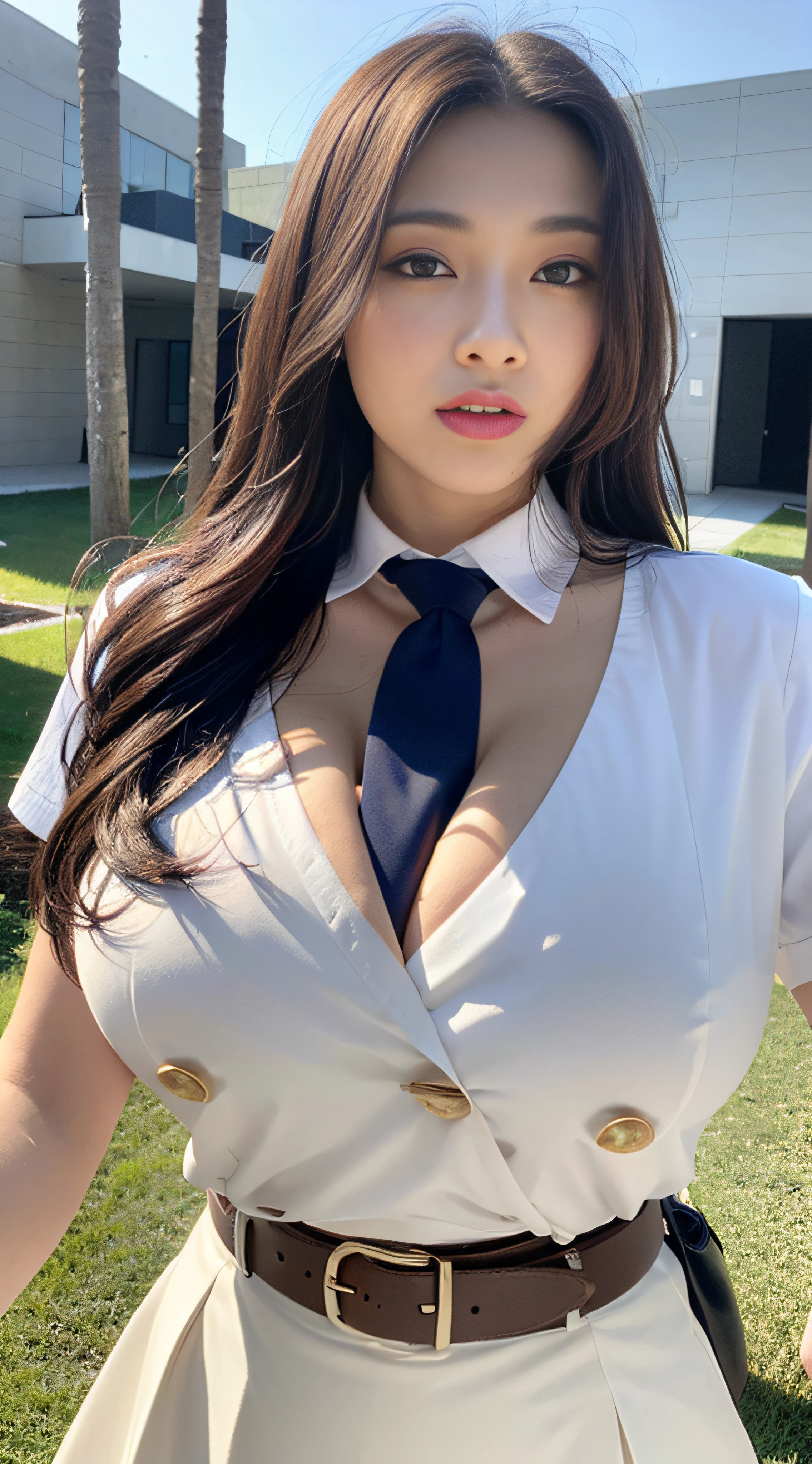 (top-quality、hight resolution、masterpiece:1.3)、Tall and cute woman、Slender Abs、Dark brown hair styled in loose waves、out、Wearing a pendant、White Up Shirt、a belt、a black skirt、(Modern architecture in background)、Details exquisitely rendered in the face and skin texture、A detailed eye、二重まぶた、(huge-breaste, ((Wearing a tie)), full bodyesbian