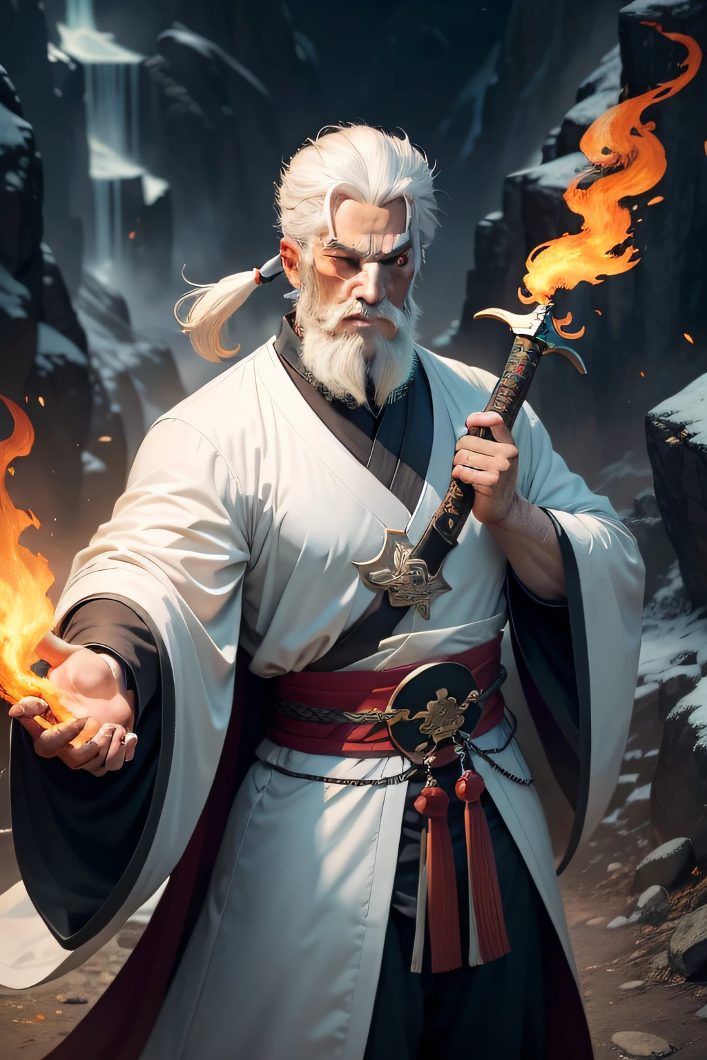 A male white-haired Taoist priest,Hand-held Tai Chi gossip,Carrying a gossip sword,Flames appeared when the fingers pinched,Deep in the mountains and old forests,High Picture Quality,yellow taoist robe,Sword eyebrows,The wind blows up the clothes,large tall,Handsome,strong,aged 40,Asian people,Long beard,white mustache,dark cloude,Wind,long sword,Palm flame