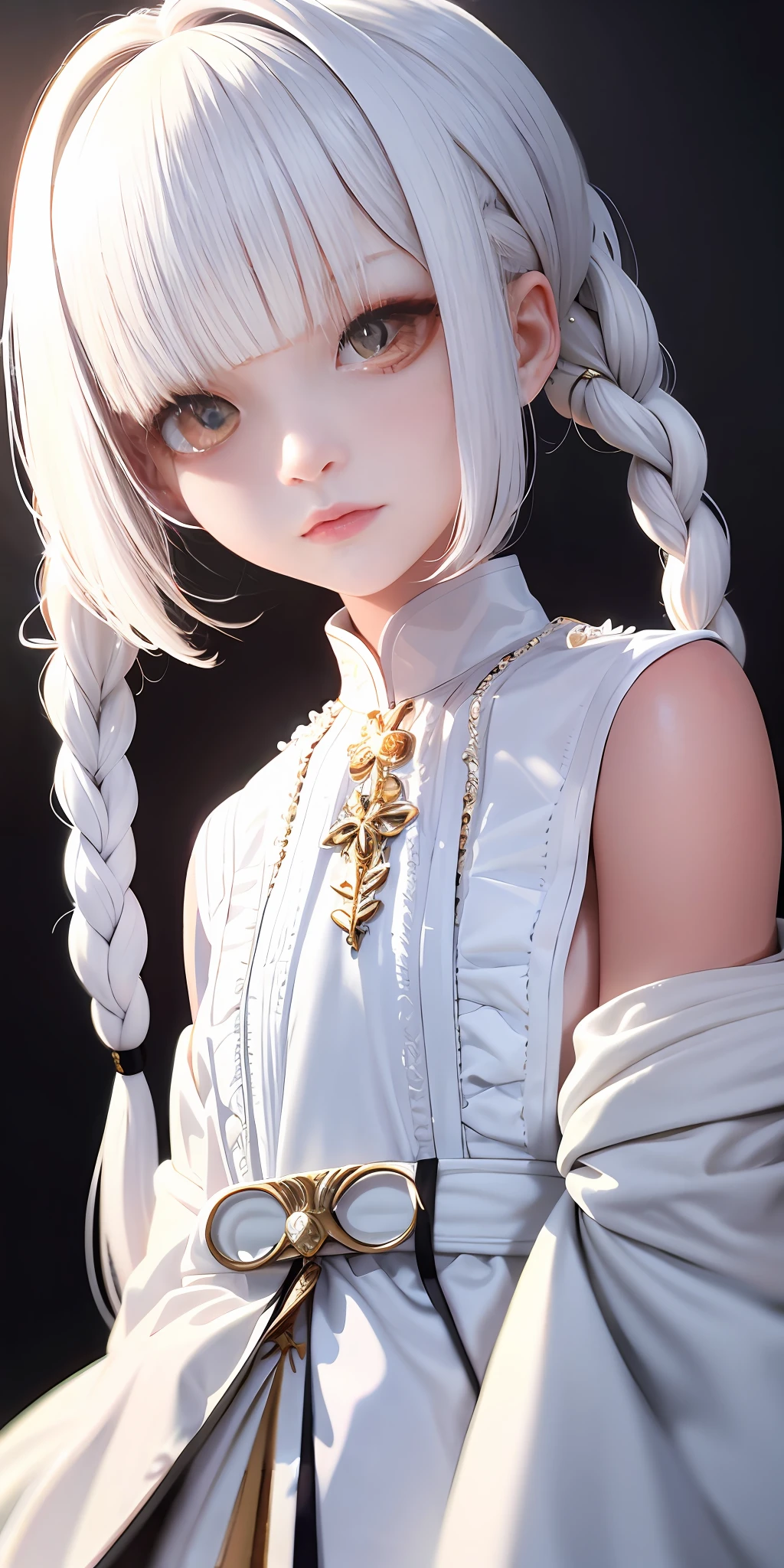 best quality, masterpiece,white hair, gold eyes,white clothes, looking up, upper body,hair strand,Fair skin,side braids