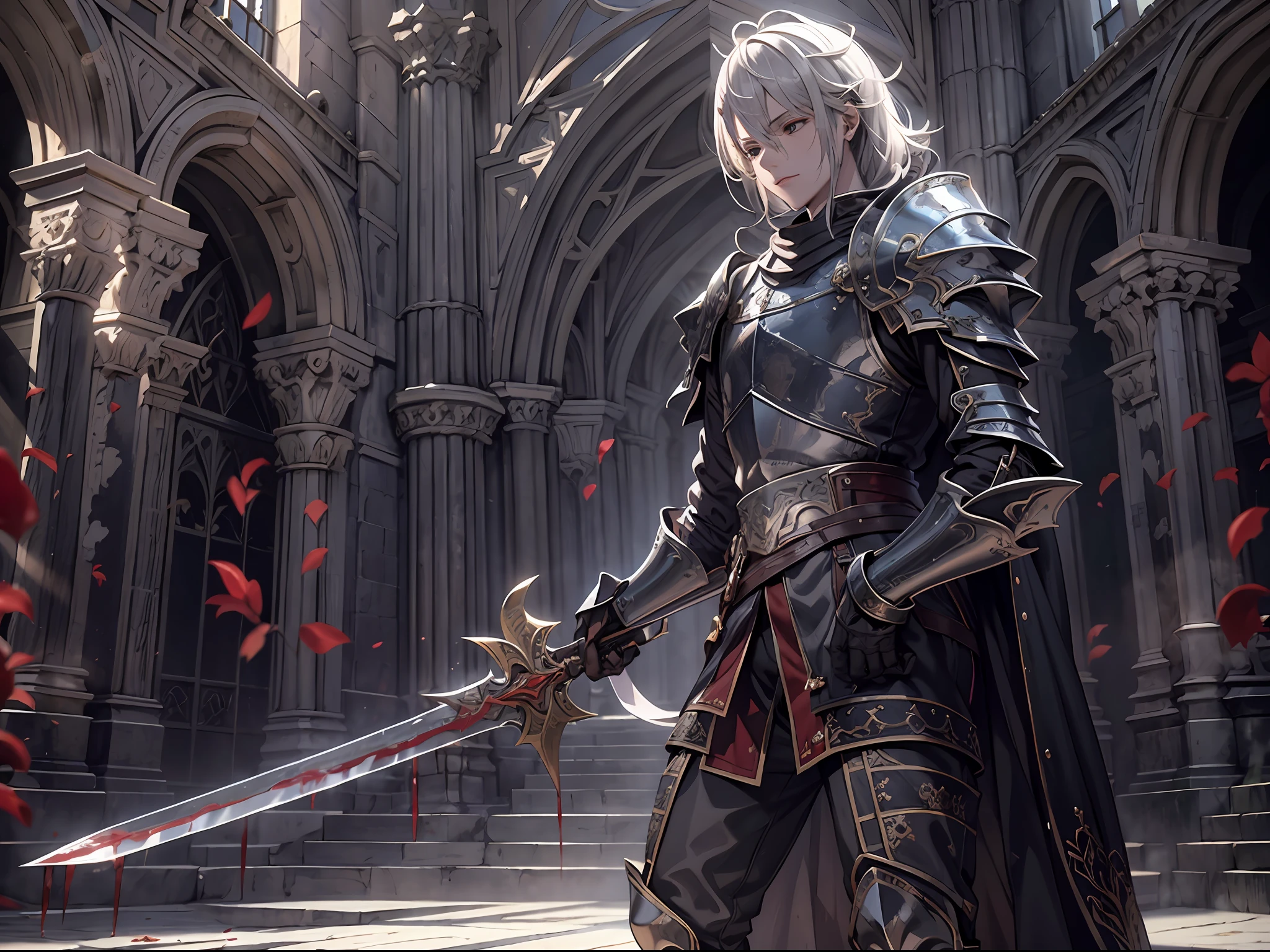 a teenager male knight in cracked sliver armor, he raise a sword stained with blood, a giant gate of castle behind him, light from the sky, lots of swords point at the knight, with determined look, silver hair, black hair, gradient hair, chiaroscuro, cinematic lighting, god rays, ray tracing, reflection light, panorama, masterpiece, best quality, high quality, high details, highest, accurate, anatomically correct, textured skin, UHD, 1080P