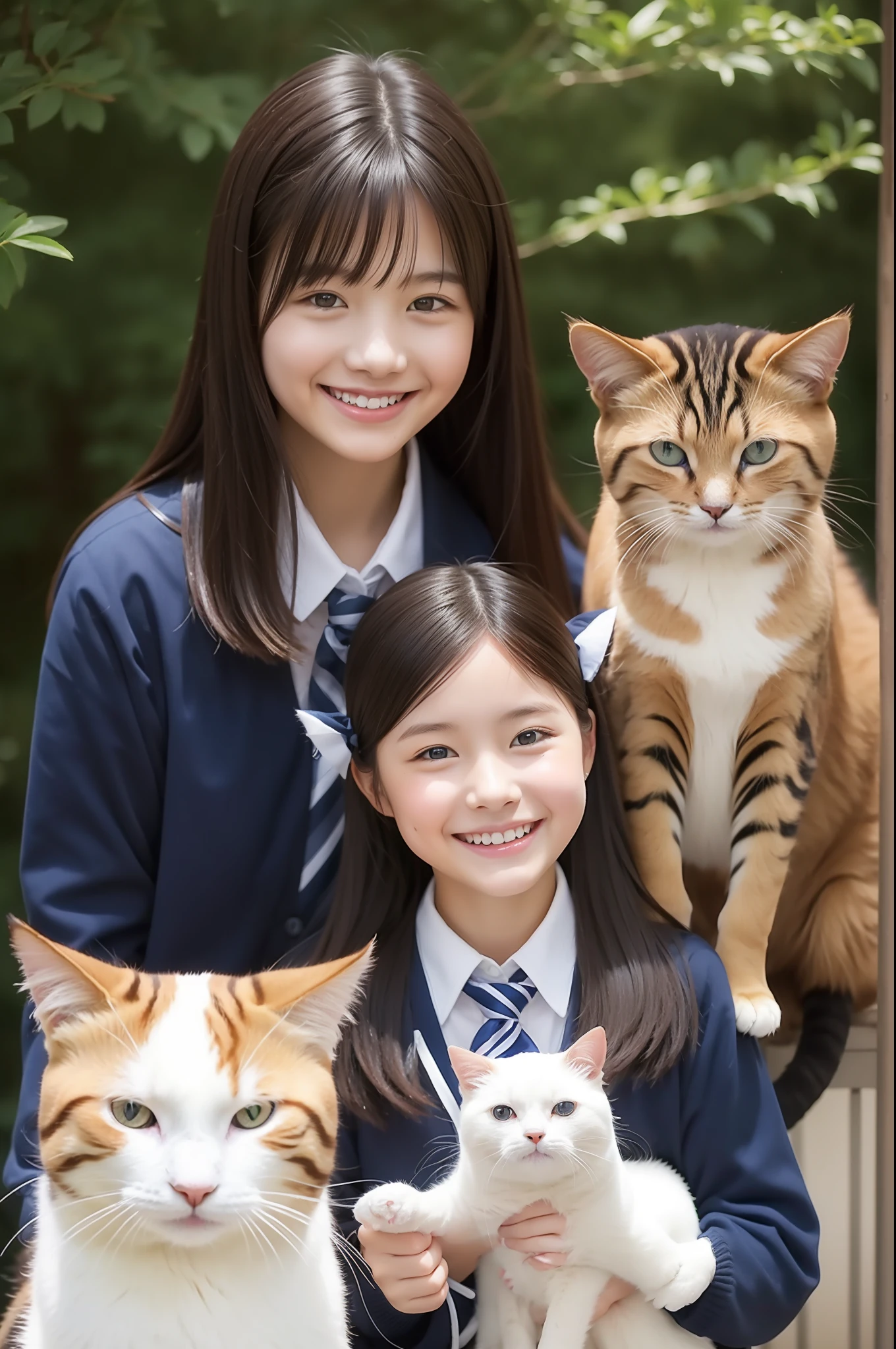 Smiling surrounded by cats、hi-school girl、校服