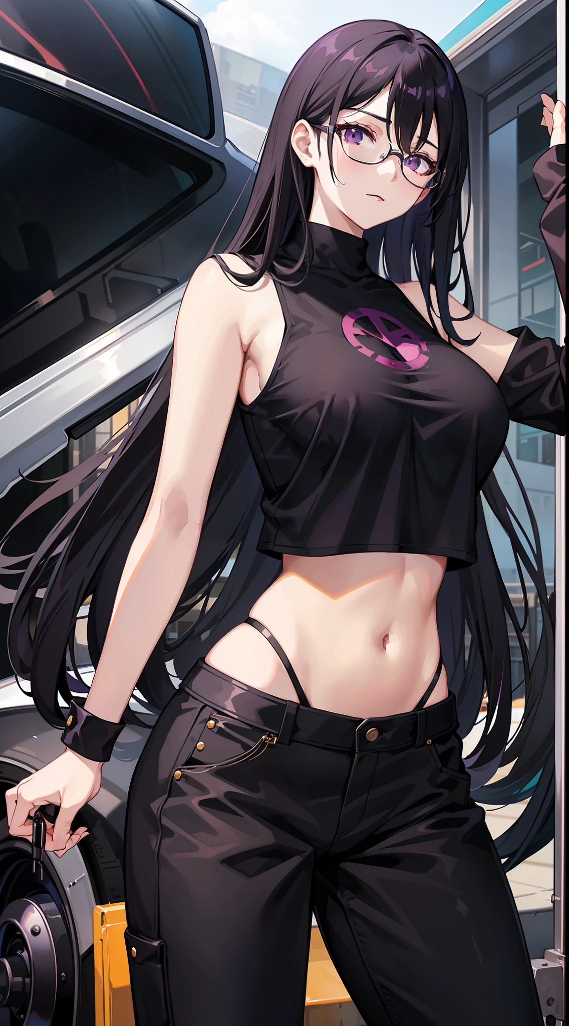 Young girl, long black hair, purple eyes, glasses, black sleeveless shirt, huge breasts, pants, fuel oil, wrench, Masterpiece, high quality