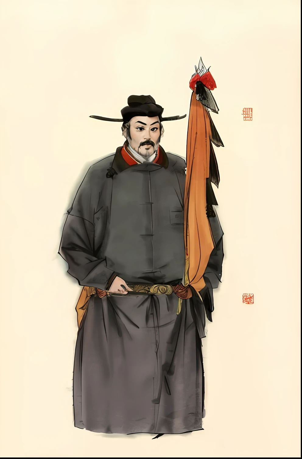 Close-up of a man in a hat and feathers, by Xuande Emperor, Chinese Warrior, artwork in the style of z.Show on the. gu, Inspired by Cao Zhibai, inspired by Dong Yuan, style of guo hua, Song Dynasty, inspired by Zhang Shunzi, in style of pan ren wei, Traditional Chinese clothing