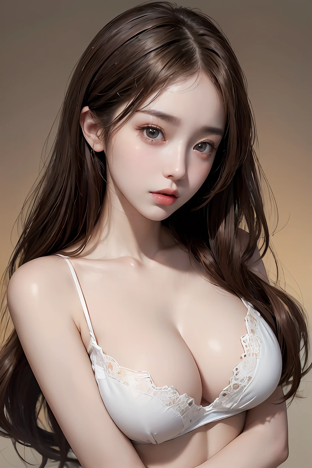 best quality, ultra high res, (photorealistic:1.4), 8k resolution, girl, (brown random hair:1.3), (realistic hair:1.2), (Korean girl:1.2), (realistic eyes:1.2), (beauty face:1.3), perfect body, white pale skin, big breast, cleavage, (eyes looked up:1.3), ( A beautiful girl who wears nothing:1.5),