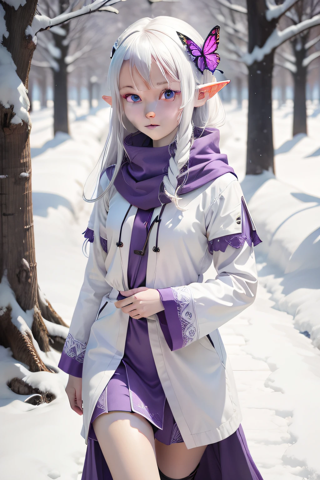 white color hair,Purple eye,There are butterflies in the eyes,Half-elf girl,Walk in the white snow