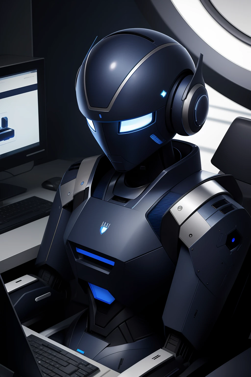 Make a painting of a futuristic robot in navy blue colors, branco e preto usando um computador