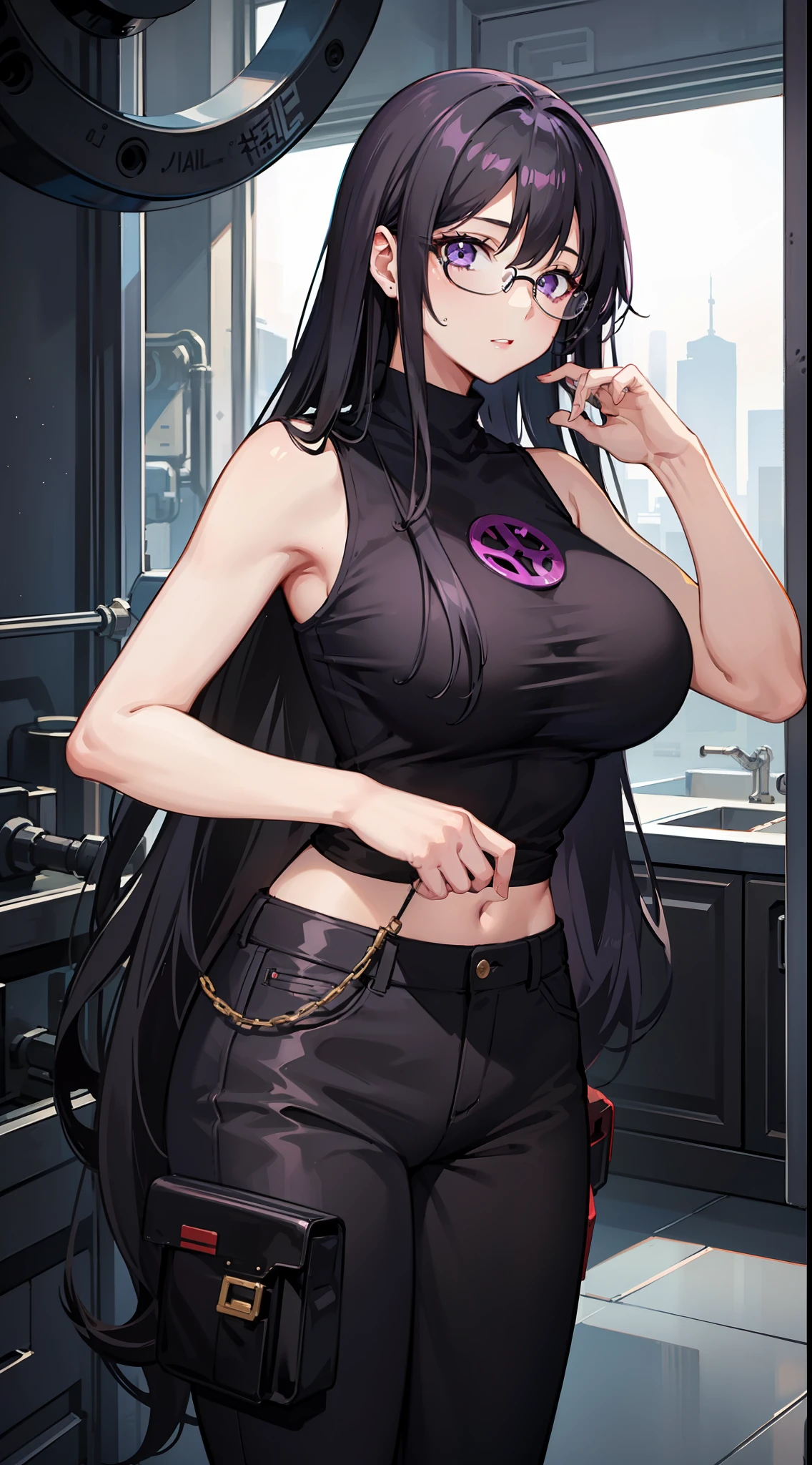 Young girl, long black hair, purple eyes, glasses, black sleeveless shirt, huge breasts, pants, fuel oil, wrench, Masterpiece, high quality