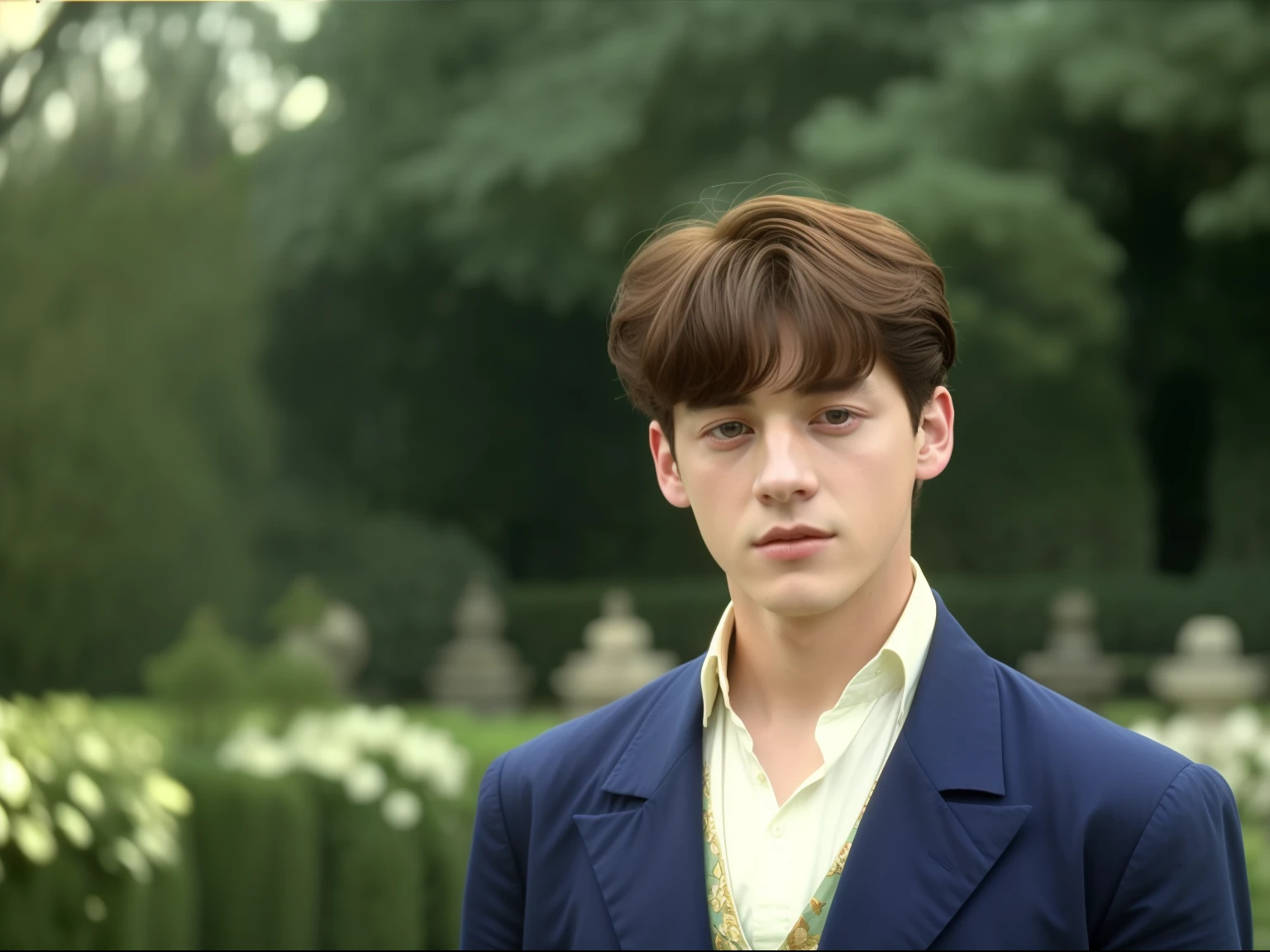 close up, the 90s movie scene, a young man standing in a garden in regency period, a scene movie shot by Chen jiru, featured on tumblr, aestheticism, history movie, handsome, movie still, 1990s, look like jeon jungkook, film grain, fashion in the 17th century, background in the 18th cenutry