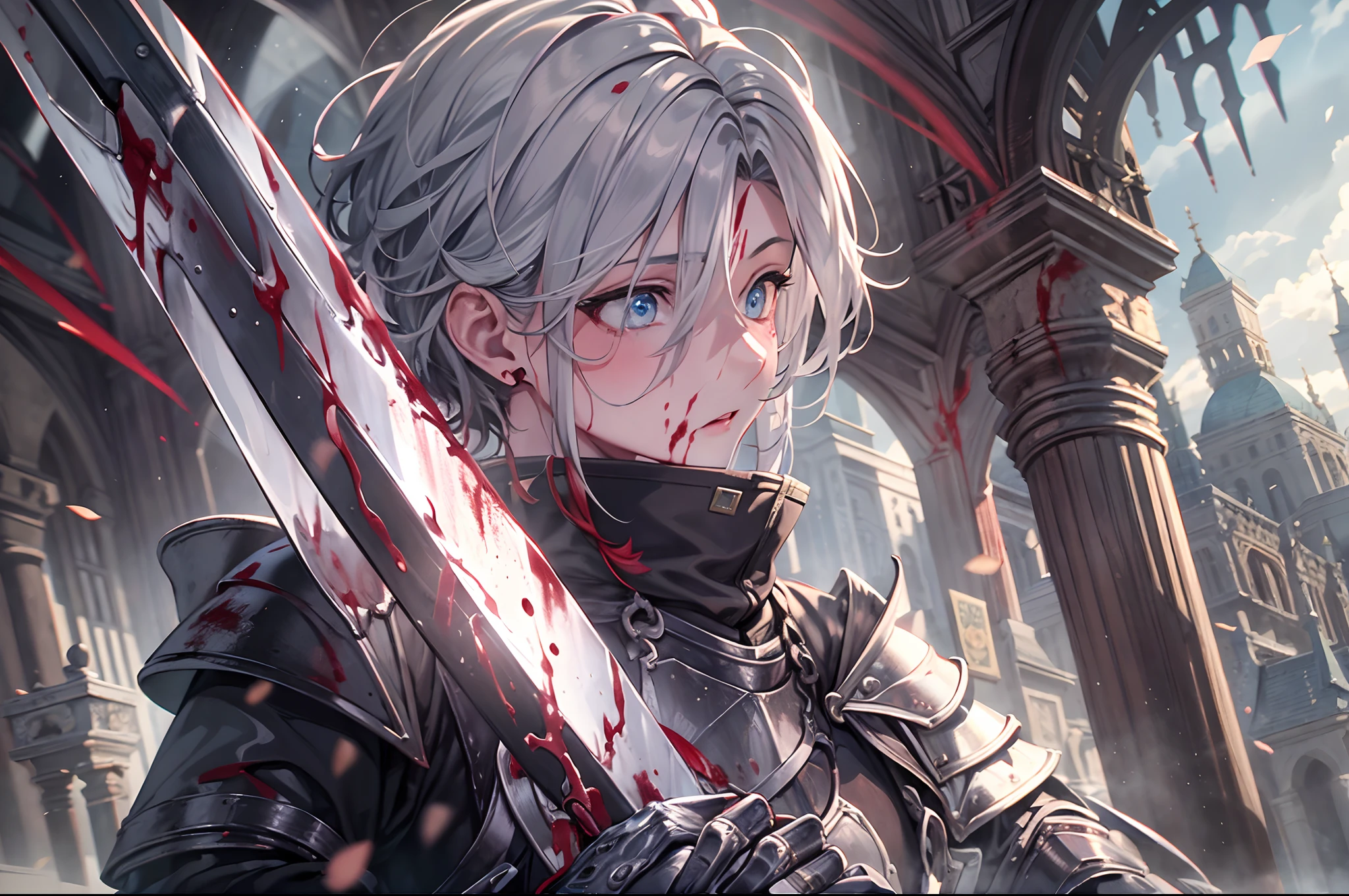 (a teenager male knight in cracked sliver armor), handsome, ((he raise a sword stained with blood)), a giant gate of castle behind him, light from the sky, lots of swords point at the knight, (with determined look), silver hair, black hair, gradient hair, chiaroscuro, cinematic lighting, god rays, ray tracing, reflection light, panorama, masterpiece, best quality, high quality, high details, highest, accurate, anatomically correct, textured skin, UHD, 1080P