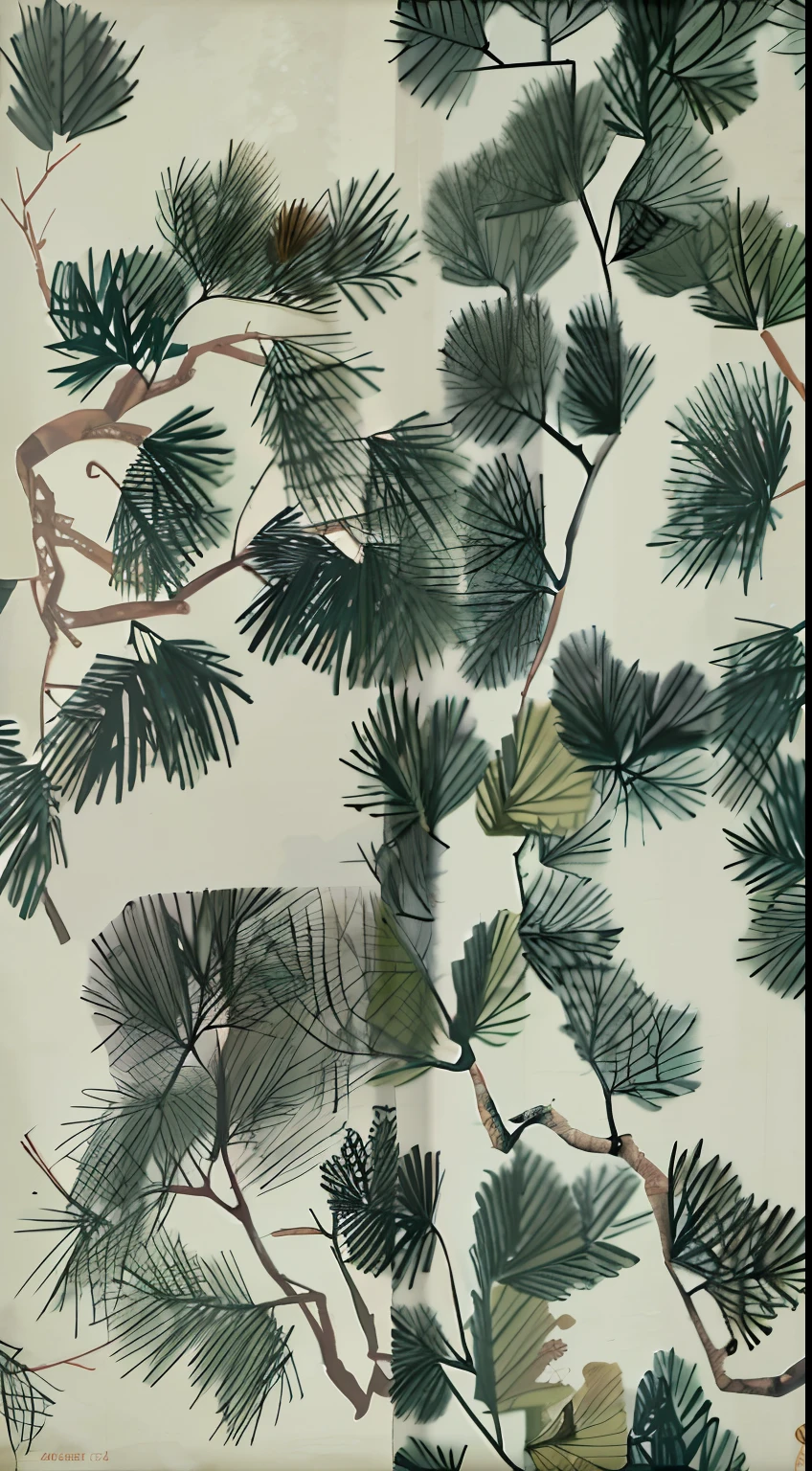 Close up of pine branches on white background,Decorative painting,chinoiserie wallpaper,Pinus pinaster, pines, Evergreen branches, inspired by Katsushika Ōi, oriental wallpaper, Evergreen, botanic foliage, branches and foliage, Pine color scheme, Pine, wallpaper design, branches, woody foliage,